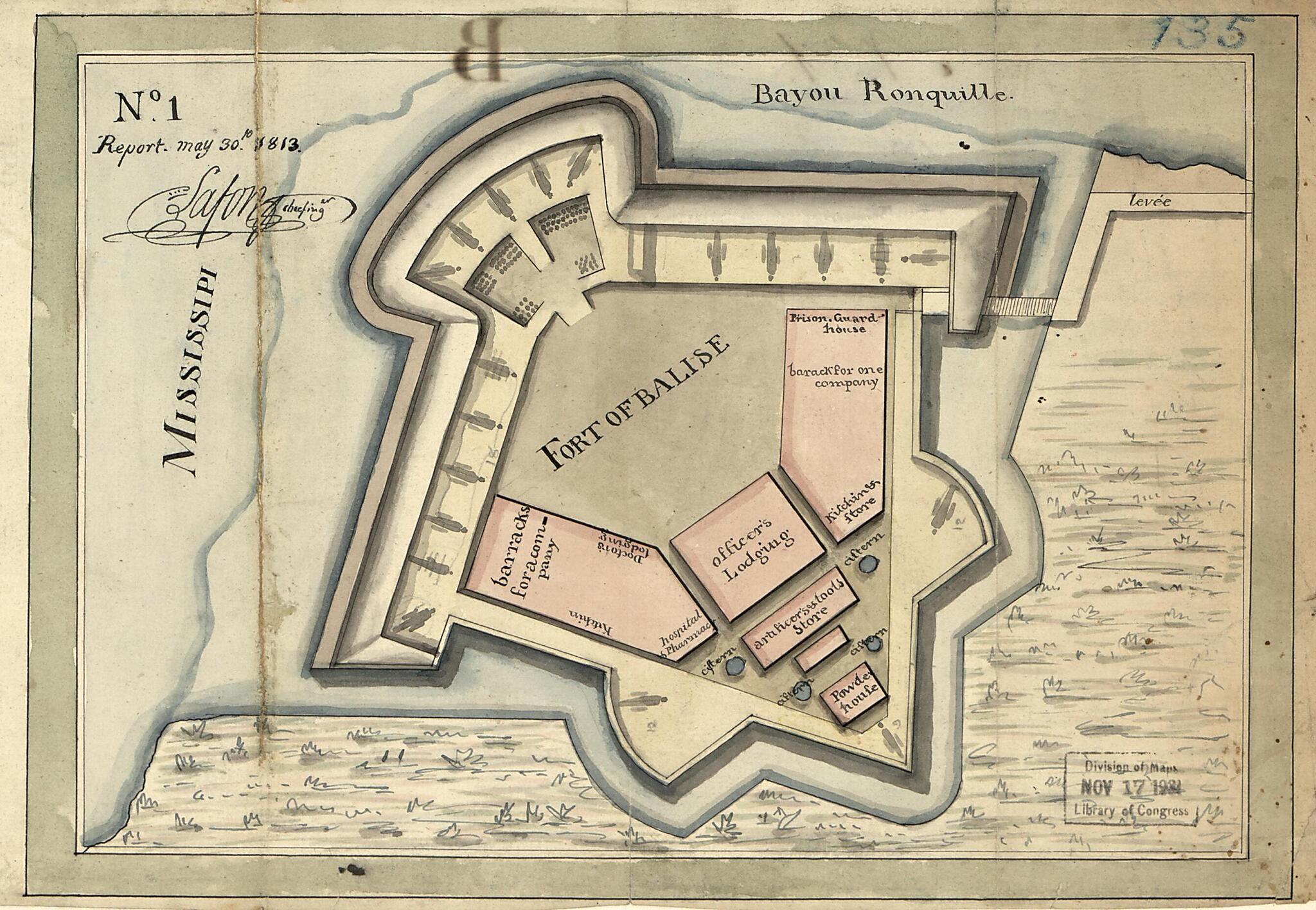 This old map of Fort of Balise, No. 1 Report May 30th from 1813 (Fort of Balise, Number One Report May 30th from 1813) was created by Barthélémy Lafon, United States. War Department. Office of the Chief of Engineers in 1813