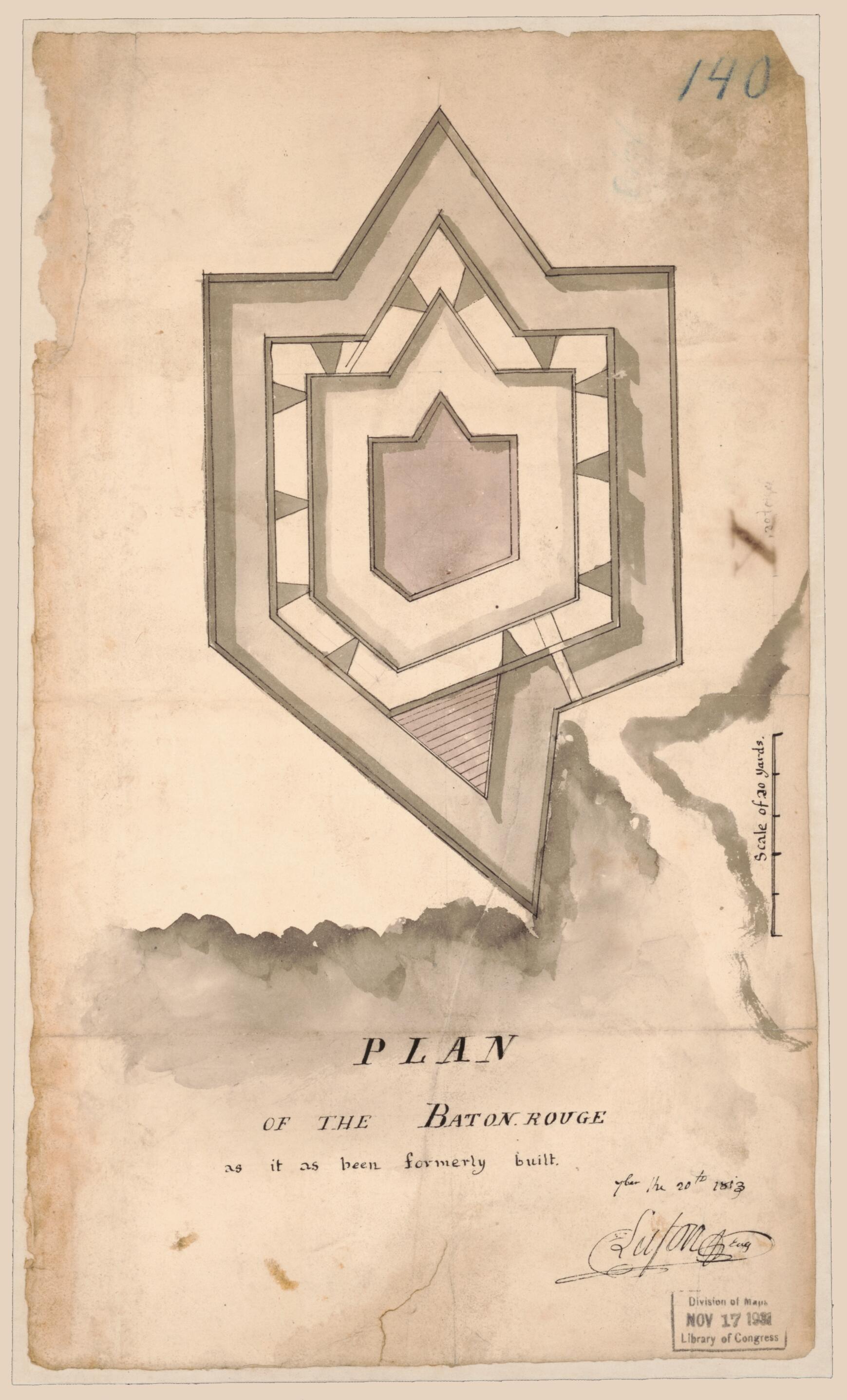 This old map of Plan of the Baton Rouge As It As Been Formerly Built fbar the 20th from 1813 was created by Barthélémy Lafon, United States. War Department. Office of the Chief of Engineers in 1813