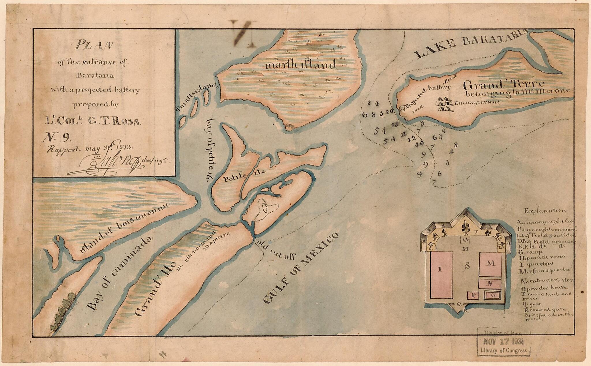 This old map of Plan of the Entrance of Barataria With a Projected Battery Proposed by Lt. Coll. G.T. Ross. No. 9 Rapport May 3d from 1813 was created by Barthélémy Lafon, G. T. Ross,  United States. War Department. Office of the Chief of Engineers in