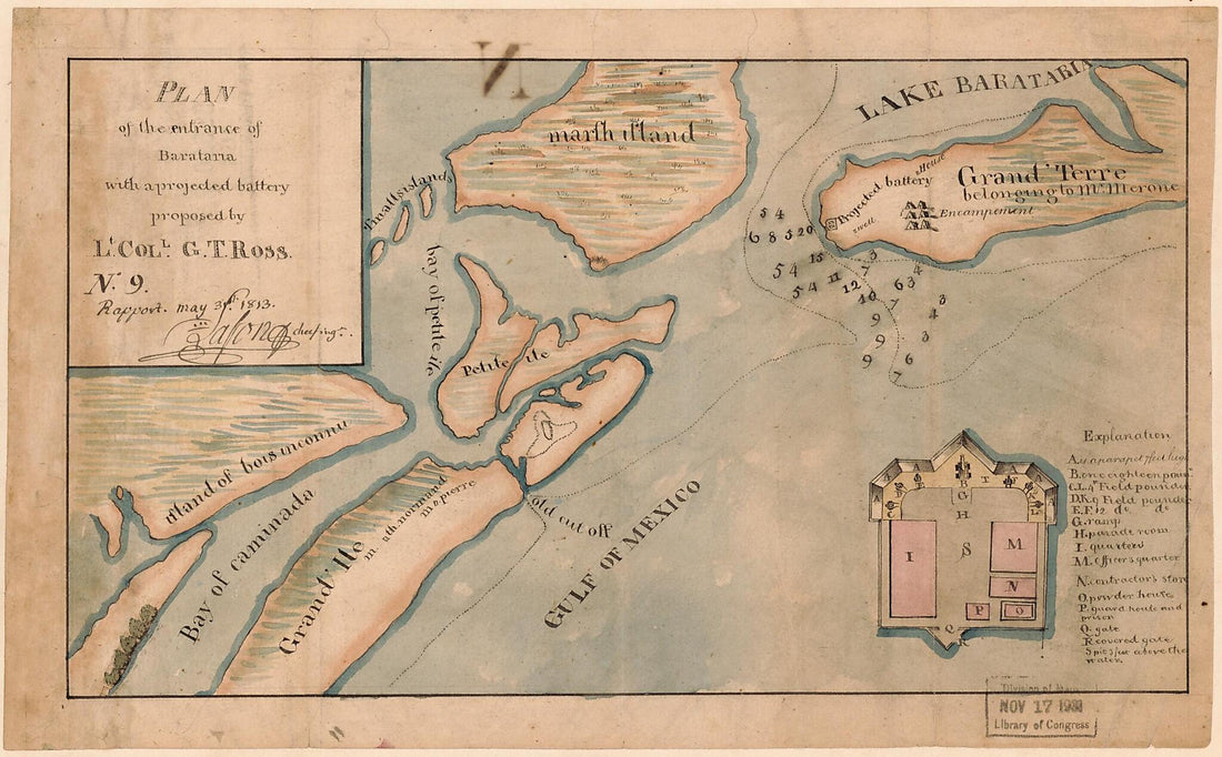 This old map of Plan of the Entrance of Barataria With a Projected Battery Proposed by Lt. Coll. G.T. Ross. No. 9 Rapport May 3d from 1813 was created by Barthélémy Lafon, G. T. Ross, United States. War Department. Office of the Chief of Engineers in