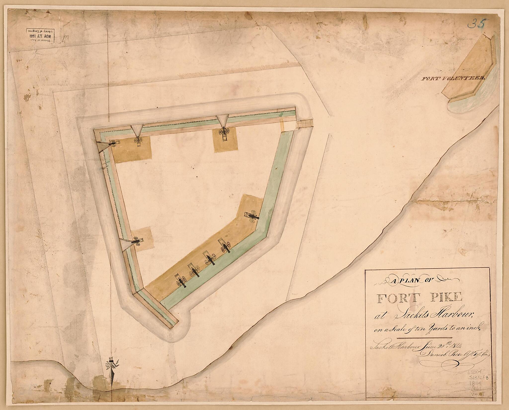 This old map of A Plan of Fort Pike at Sackets Harbour : On a Scale of Ten Yards to an Inch, Sackets Harbour June 20th from 1814 was created by Daniel Rose, United States. War Department. Office of the Chief of Engineers in 1814