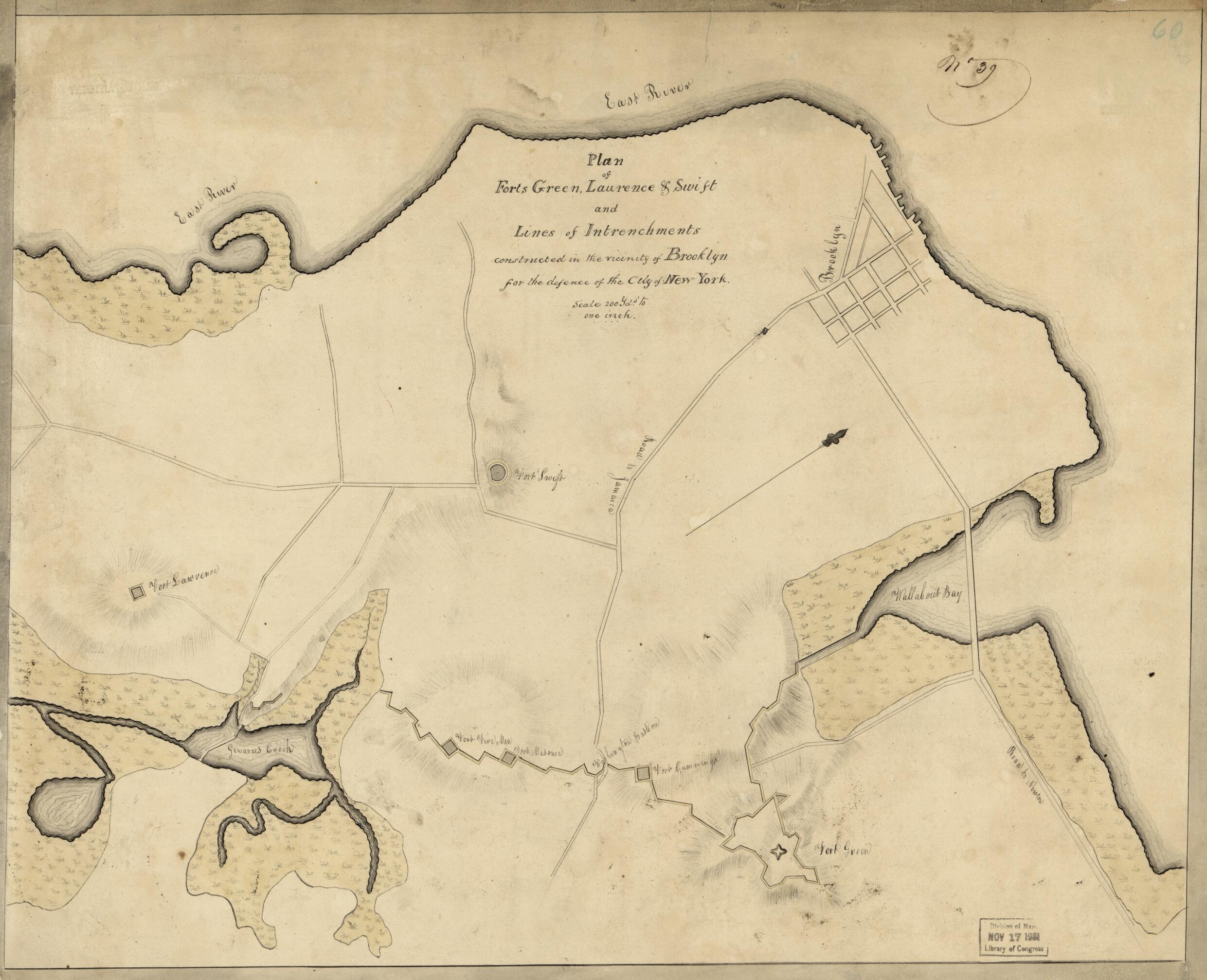 This old map of Plan of Forts Green, Laurence & Swift and Lines of Intrenchments Constructed In the Vicinity of Brooklyn for the Defence of the City of New York from 1814 was created by United States. War Department. Office of the Chief of Engineers in