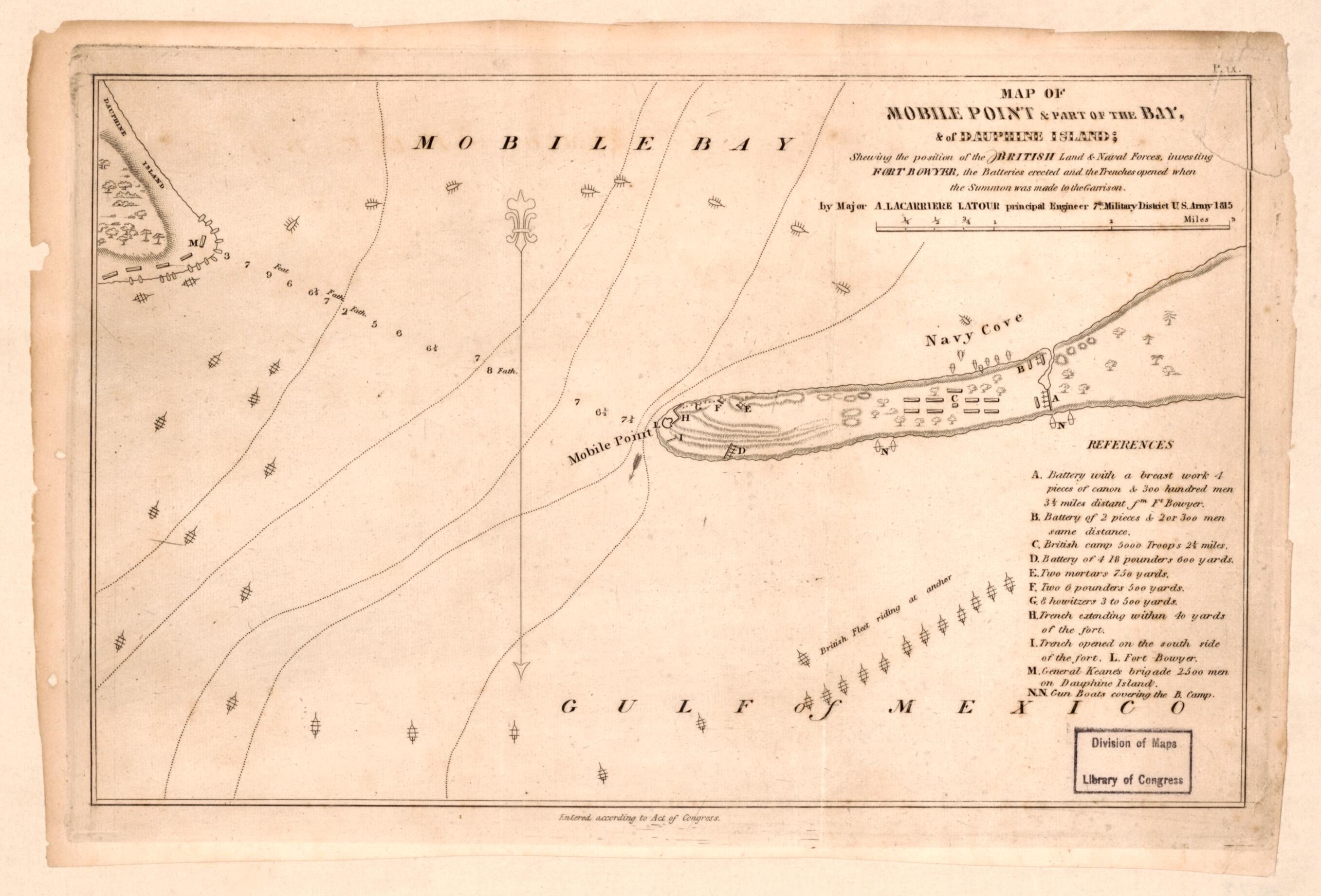 This old map of Map of Mobile Point & Part of the Bay & of Dauphine Island Shewing the Position of the British Land & Naval Forces Investing Fort Bowyer, the Batteries Erected and the Trenches Opened When the Summon Was Made to the Garrison from 1815 was