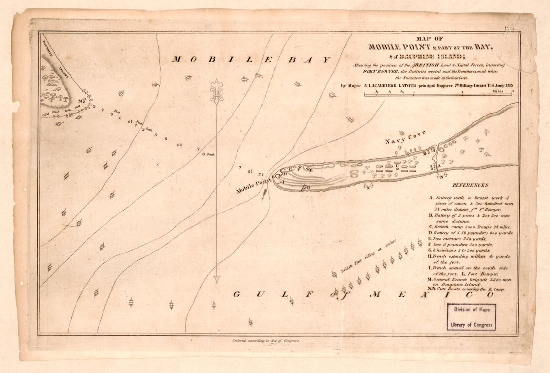 This old map of Map of Mobile Point & Part of the Bay & of Dauphine Island Shewing the Position of the British Land & Naval Forces Investing Fort Bowyer, the Batteries Erected and the Trenches Opened When the Summon Was Made to the Garrison from 1815 was