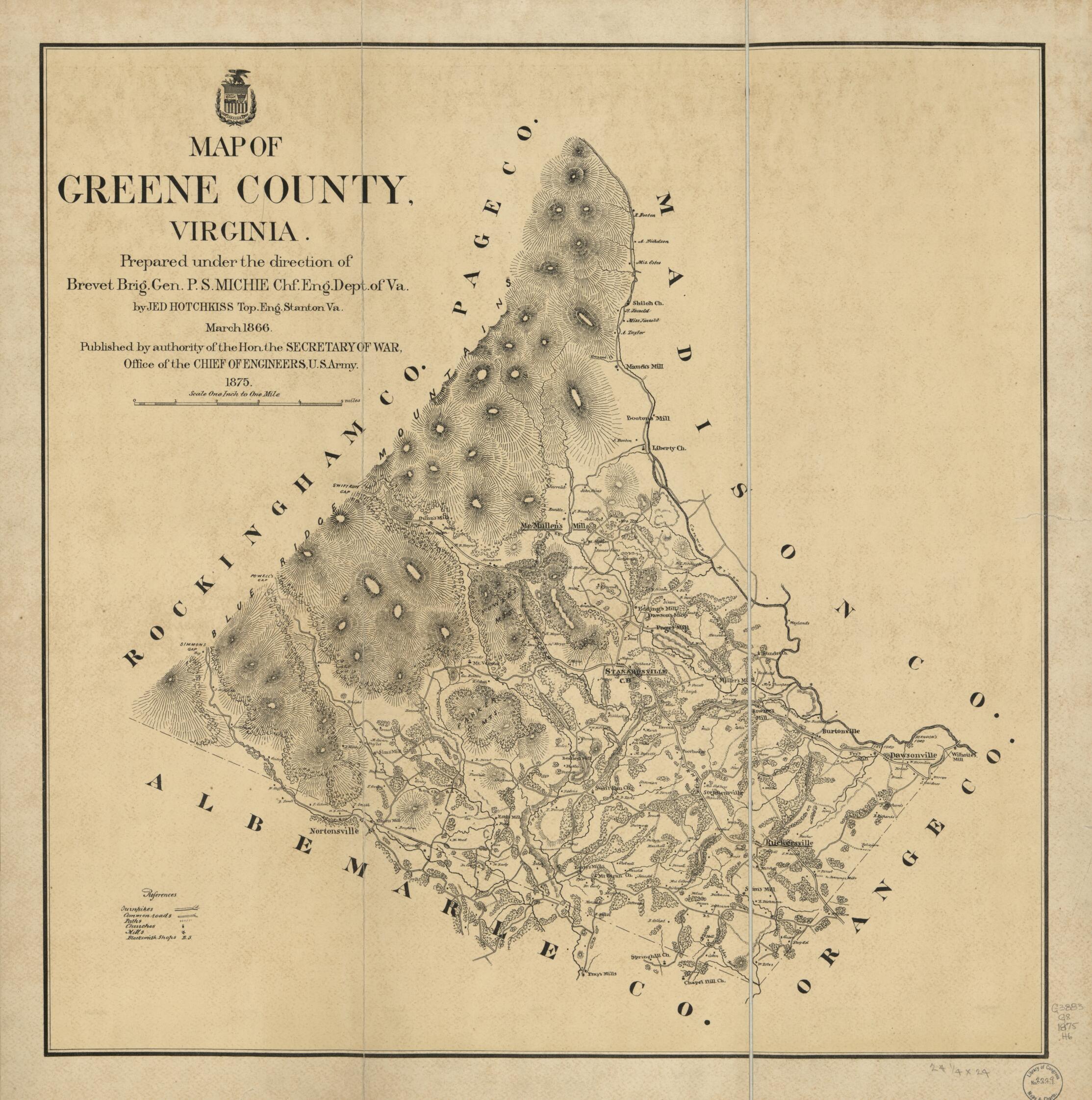 This old map of Map of Greene County, Virginia from 1875 was created by Jedediah Hotchkiss, United States. Army. Office of the Chief of Engineers in 1875