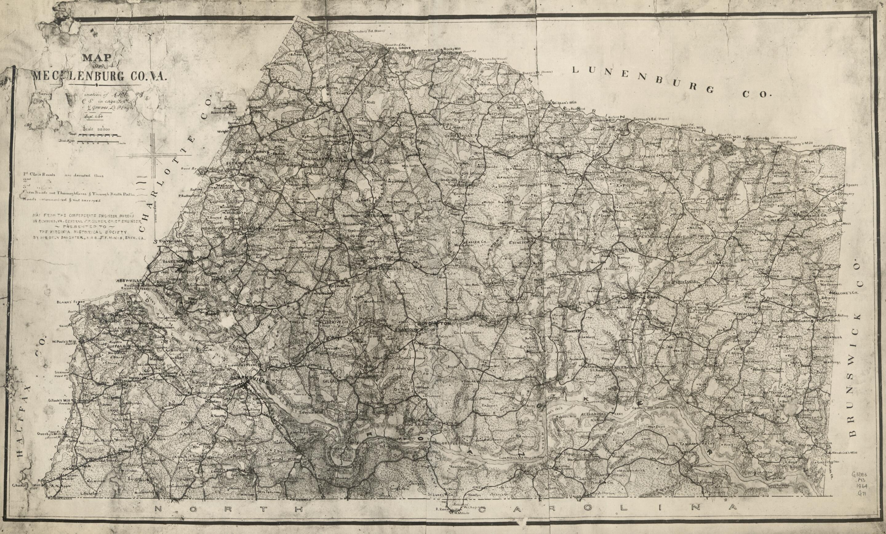 This old map of Map of Mecklenburg Co., Va from 1864 was created by Albert H. (Albert Henry) Campbell, Confederate States of America. Army. Department of Northern Virginia, Jeremy Francis Gilmer, H. M. Graves, Louisa Porter Minis, Virginia Historical S