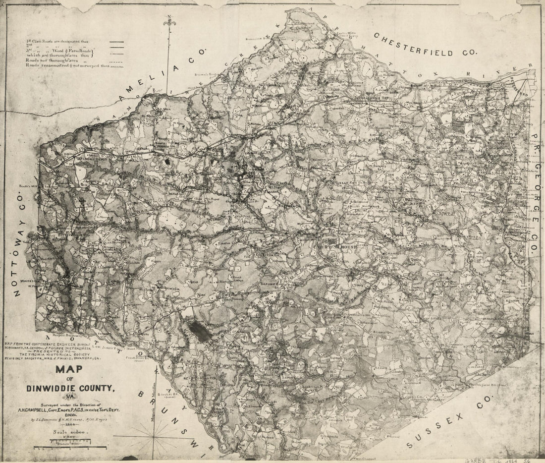 This old map of Map of Dinwiddie County, Va from 1864 was created by Albert H. (Albert Henry) Campbell, Confederate States of America. Army. Department of Northern Virginia, Jeremy Francis Gilmer, Louisa Porter Minis, S. L. Sommers, Virginia Historical