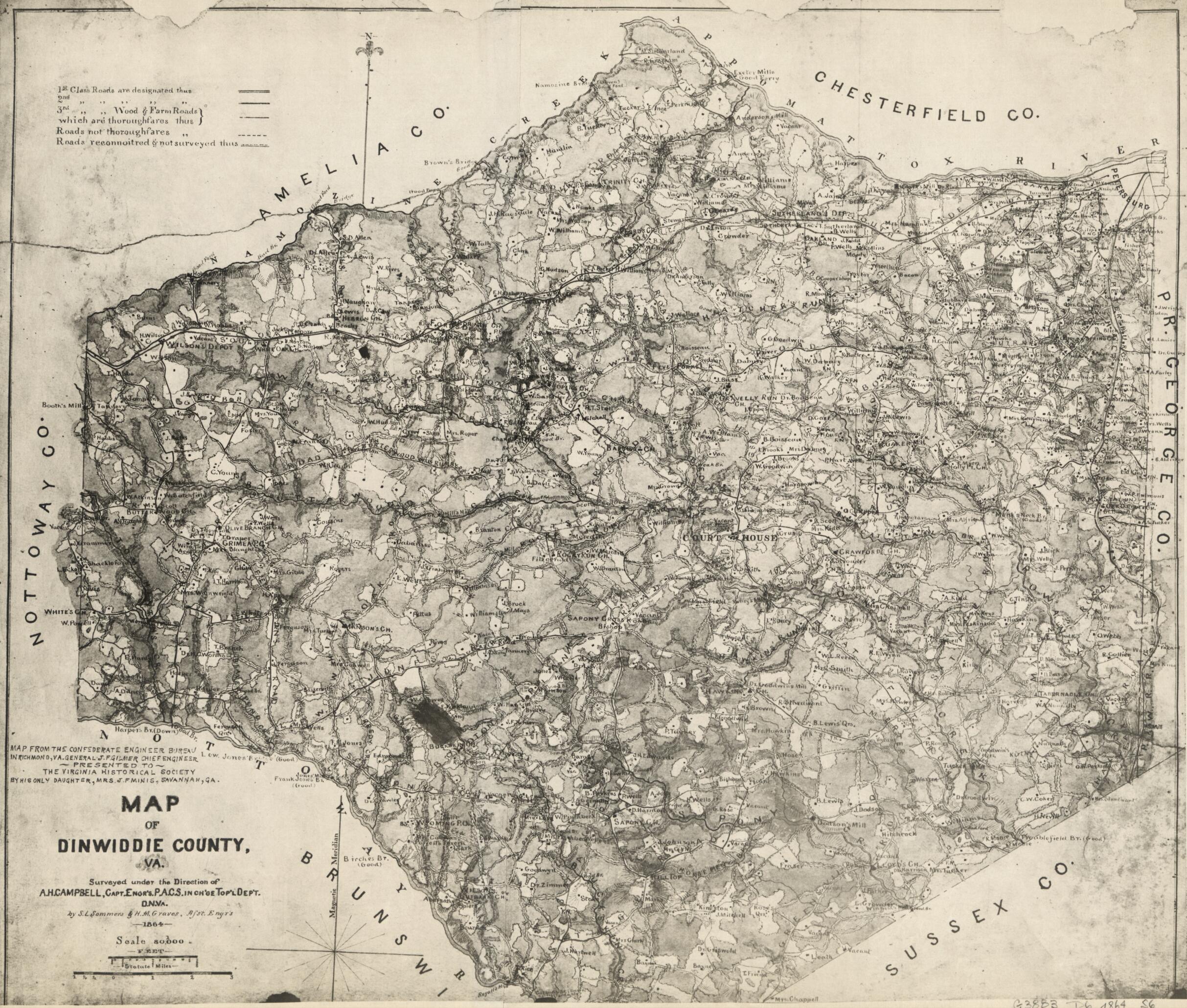 This old map of Map of Dinwiddie County, Va from 1864 was created by Albert H. (Albert Henry) Campbell, Confederate States of America. Army. Department of Northern Virginia, Jeremy Francis Gilmer, Louisa Porter Minis, S. L. Sommers, Virginia Historical