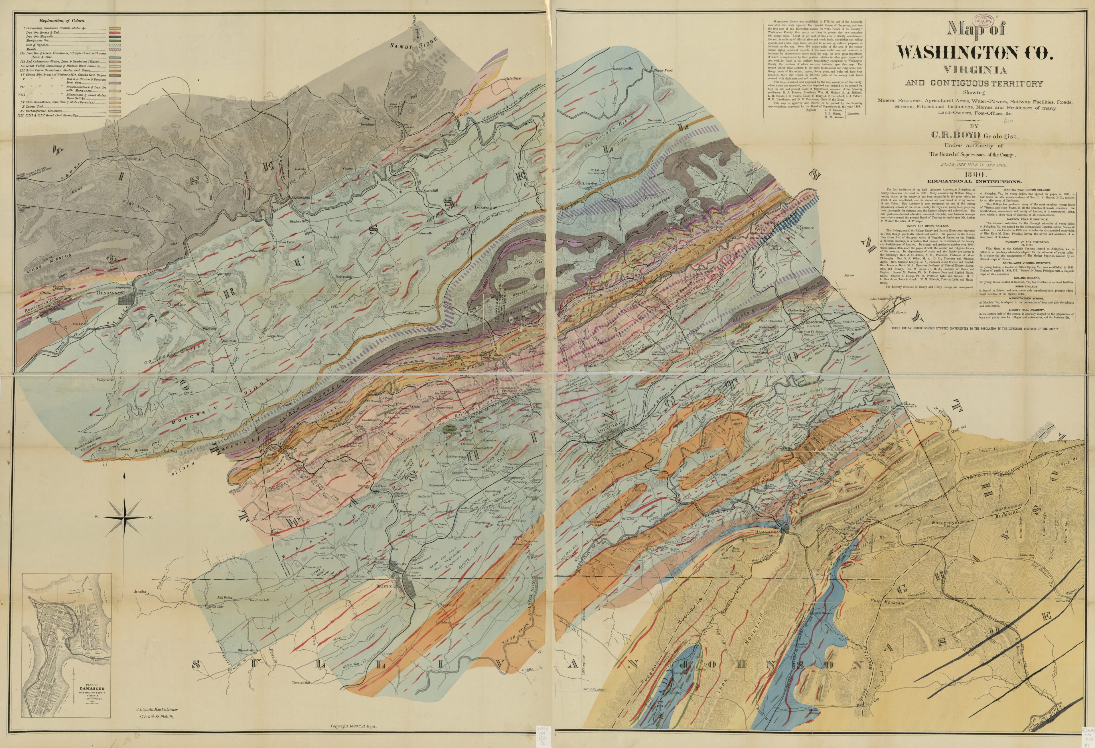 This old map of Powers, Railway Facilities, Roads, Streams, Educational Institutions, Names and Residences of Many Land-owners, Post-offices, &c. (Map of Washington County, Virginia and Contiguous Territory) from 1890 was created by Charles Rufus Boyd,