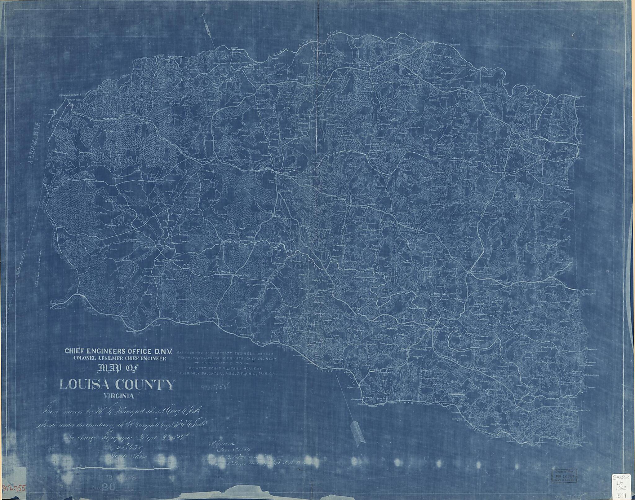 This old map of Map of Louisa County, Virginia (Chief Engineers Office D.N.V., Colonel J.F. Gilmer, Chief Engineer) from 1863 was created by B. L. (Benjamin Lewis) Blackford, Albert H. (Albert Henry) Campbell, Confederate States of America. Army. Depart