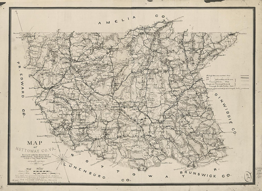 This old map of Map of Nottoway County, Va. (Map of Nottoway County, Virginia) from 1864 was created by Albert H. (Albert Henry) Campbell, Confederate States of America. Army. Department of Northern Virginia. Chief Engineer&