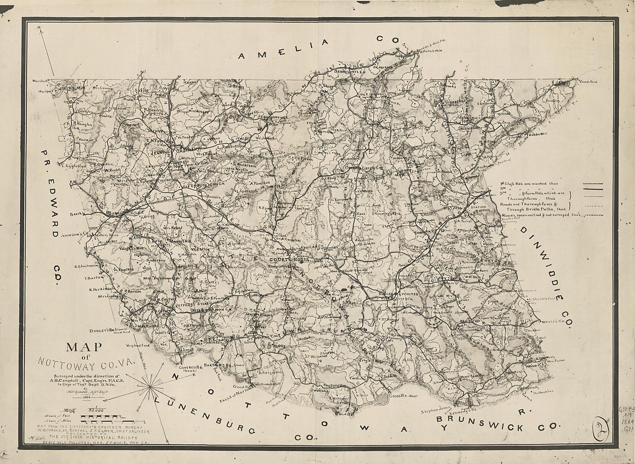 This old map of Map of Nottoway County, Va. (Map of Nottoway County, Virginia) from 1864 was created by Albert H. (Albert Henry) Campbell, Confederate States of America. Army. Department of Northern Virginia. Chief Engineer&