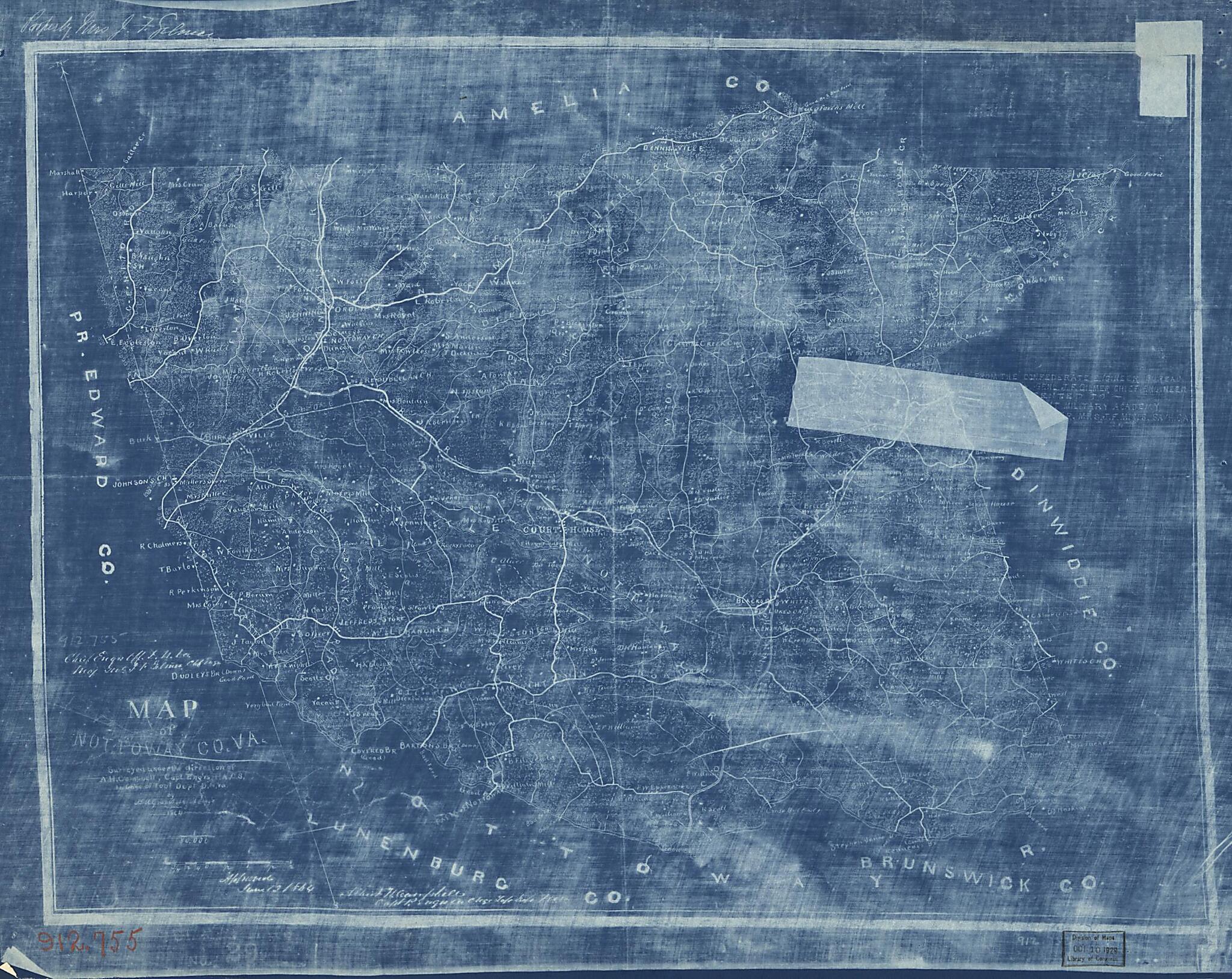 This old map of Map of Nottoway County, Va. (Map of Nottoway County, Virginia) from 1864 was created by Albert H. (Albert Henry) Campbell, Confederate States of America. Army. Department of Northern Virginia. Chief Engineer&