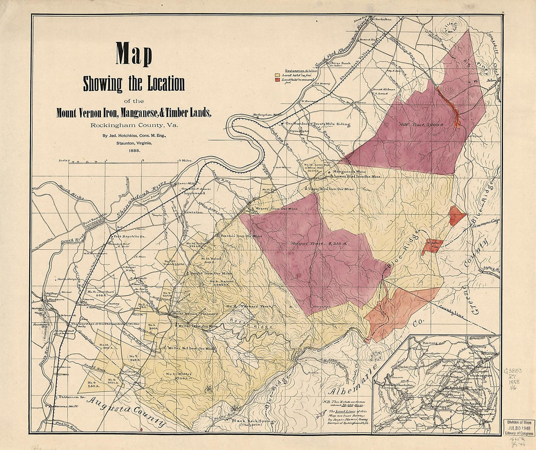 This old map of Map Showing the Location of the Mount Vernon Iron, Manganese & Timber Lands, Rockingham County, Va from 1888 was created by Jasper Hawse, Jedediah Hotchkiss in 1888
