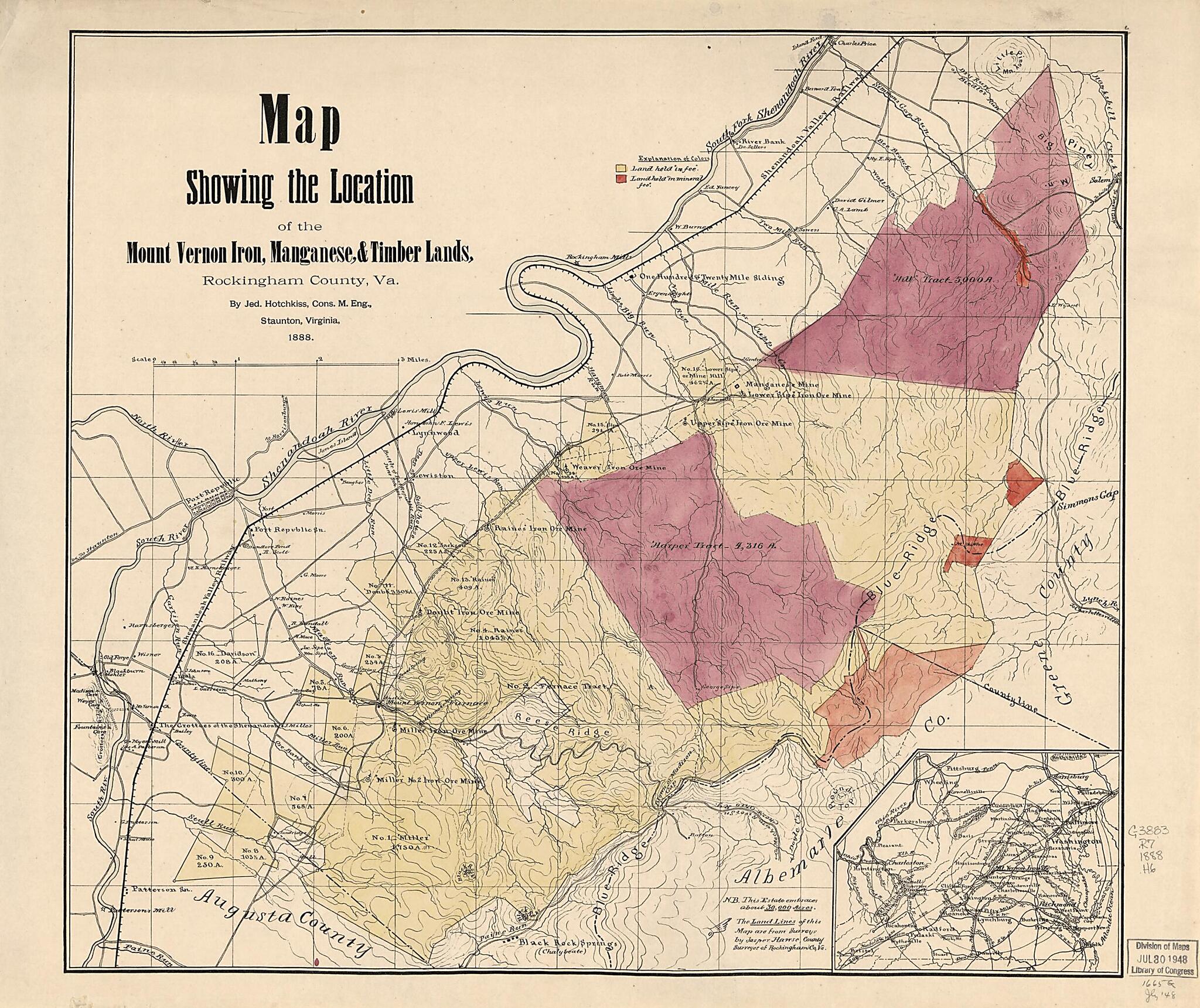 This old map of Map Showing the Location of the Mount Vernon Iron, Manganese & Timber Lands, Rockingham County, Va from 1888 was created by Jasper Hawse, Jedediah Hotchkiss in 1888