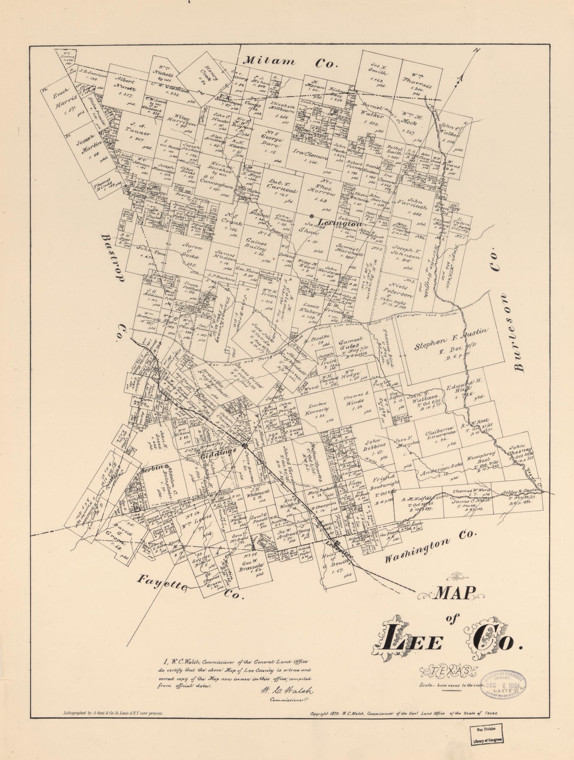 This old map of Map of Lee Co., Texas. (Map of Lee County, Texas) from 1879 was created by August Gast & Co, Texas. General Land Office, W. C. (William C.) Walsh in 1879