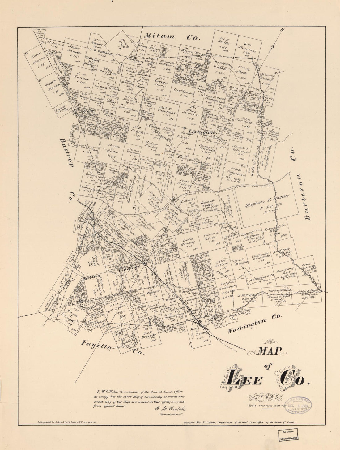 This old map of Map of Lee Co., Texas. (Map of Lee County, Texas) from 1879 was created by August Gast & Co, Texas. General Land Office, W. C. (William C.) Walsh in 1879