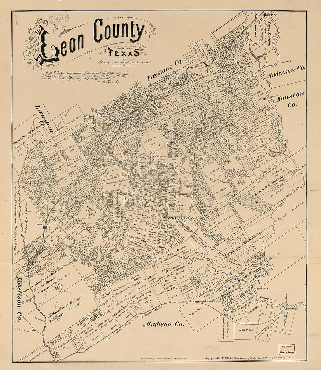 This old map of Leon County, Texas from 1879 was created by August Gast & Co, Texas. General Land Office, W. C. (William C.) Walsh in 1879