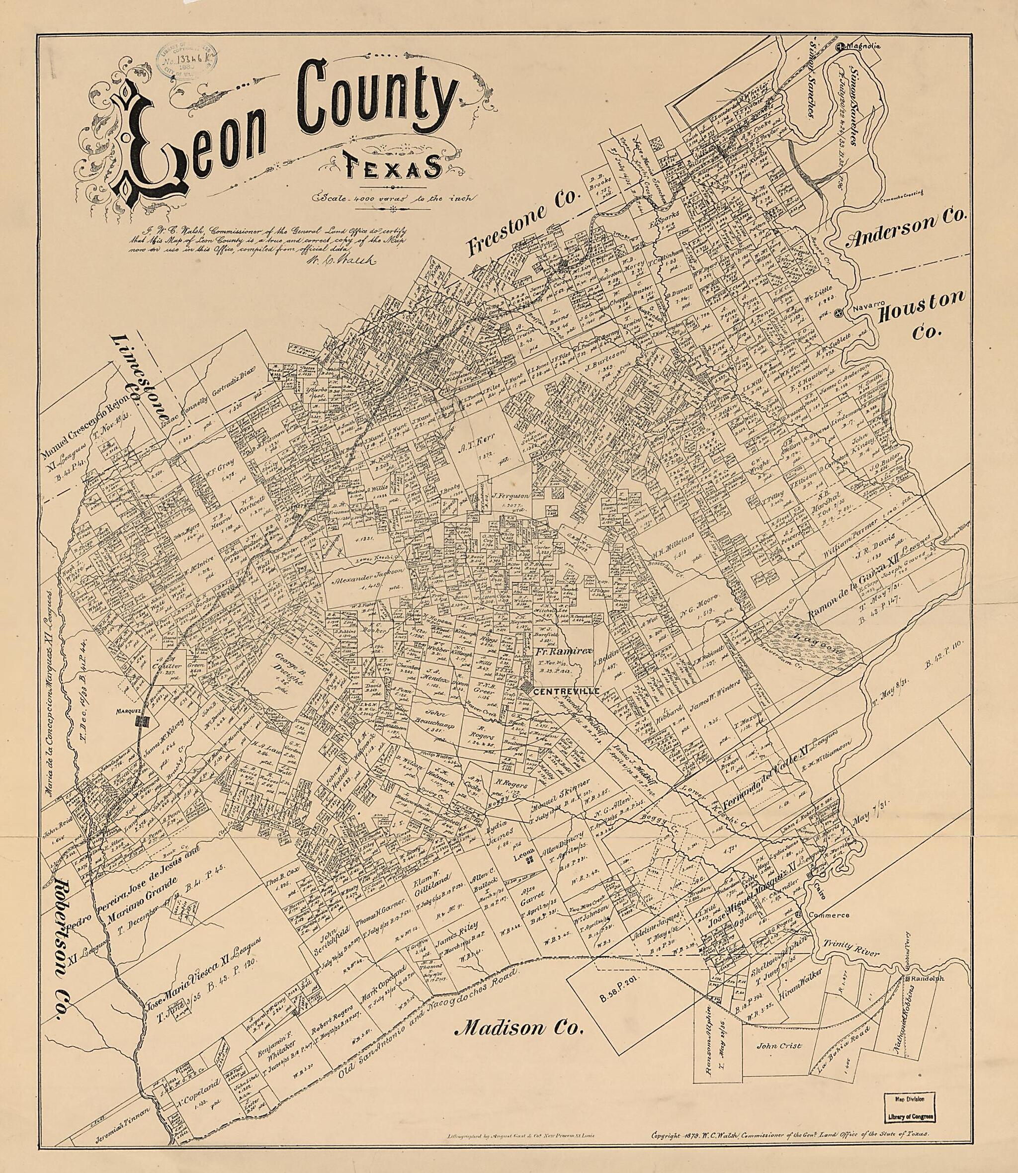 This old map of Leon County, Texas from 1879 was created by August Gast & Co, Texas. General Land Office, W. C. (William C.) Walsh in 1879