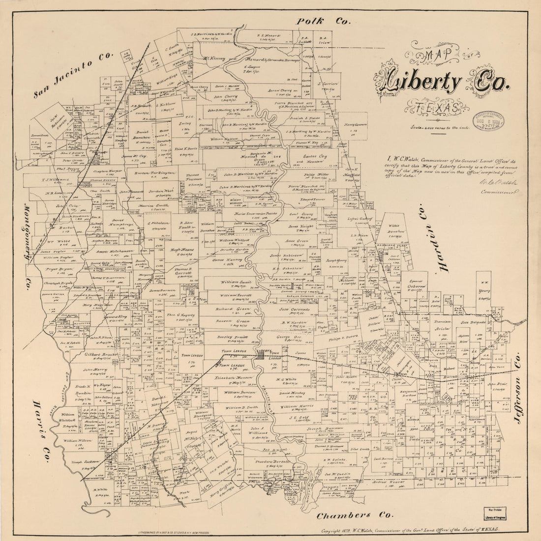 This old map of Map of Liberty Co., Texas. (Map of Liberty County, Texas) from 1879 was created by August Gast & Co, Texas. General Land Office, W. C. (William C.) Walsh in 1879