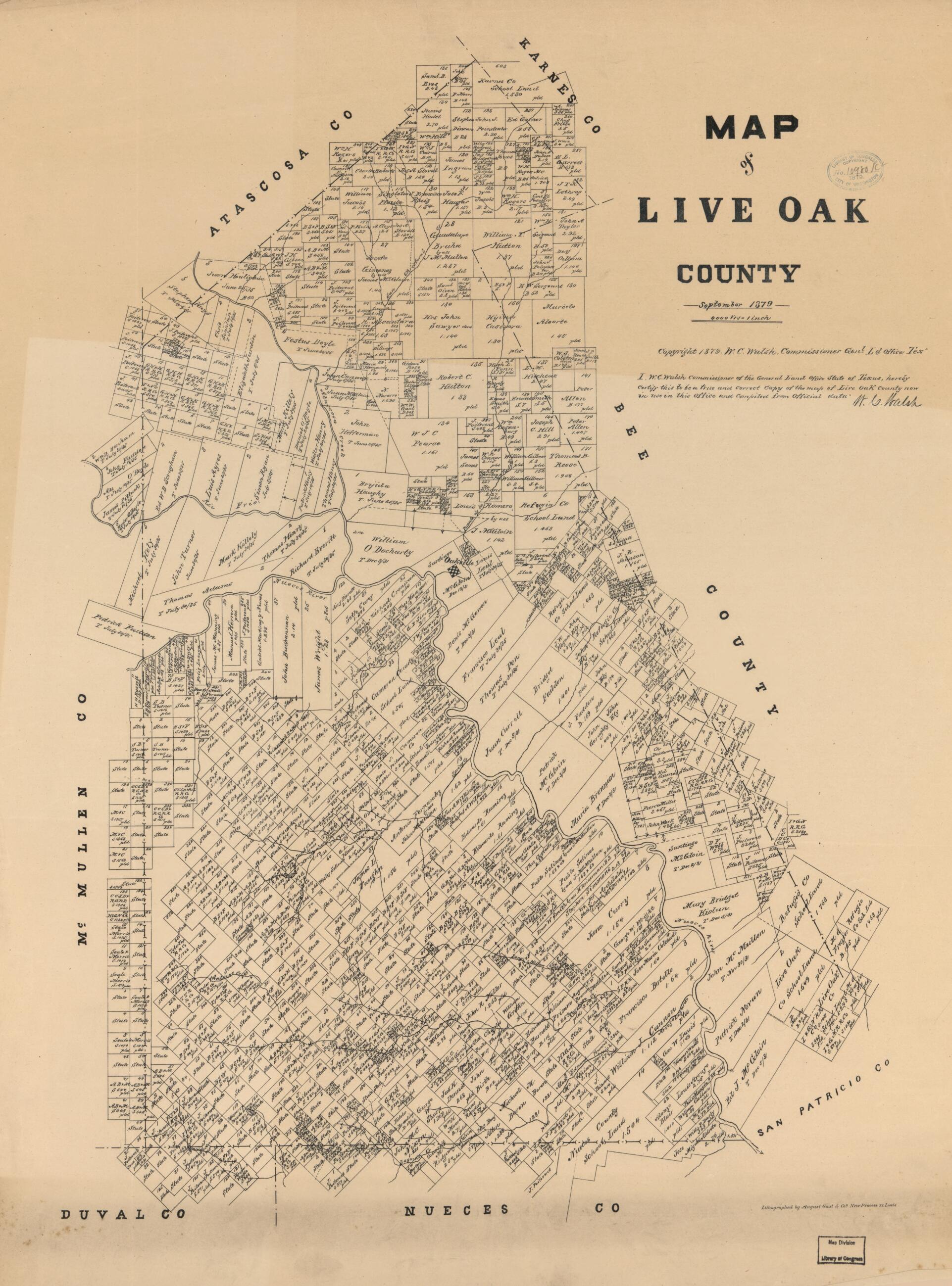 This old map of Map of Live Oak County from 1879 was created by August Gast & Co, Texas. General Land Office, W. C. (William C.) Walsh in 1879