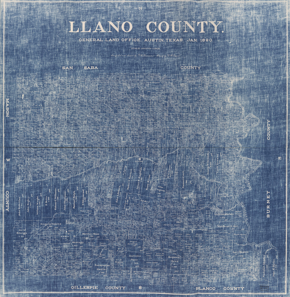 This old map of Llano County, Texas from 1890 was created by G. N. Beaumont, Texas. General Land Office in 1890