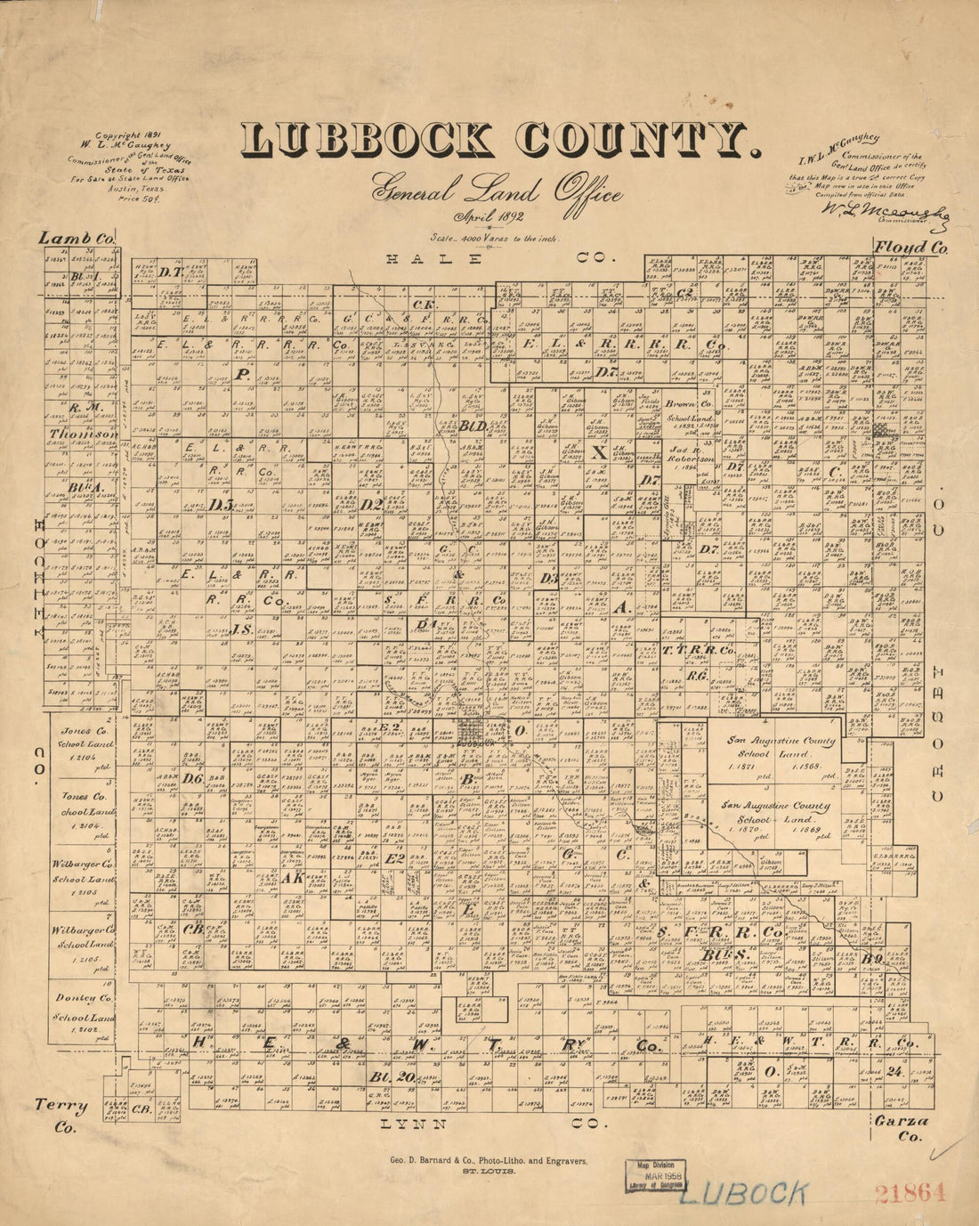 This old map of Lubbock County from 1892 was created by W. L. McGaughey, Texas. General Land Office in 1892