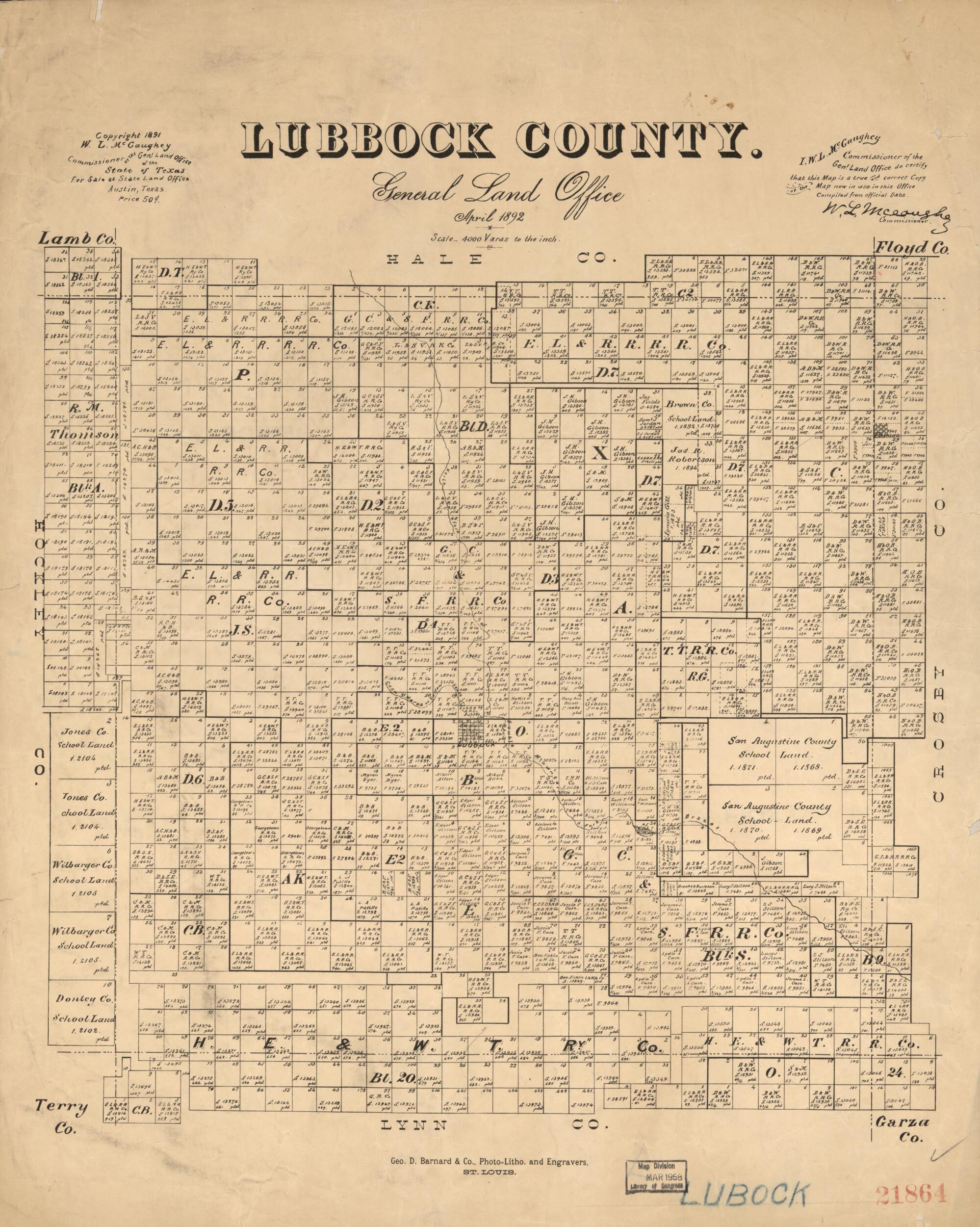 This old map of Lubbock County from 1892 was created by W. L. McGaughey, Texas. General Land Office in 1892