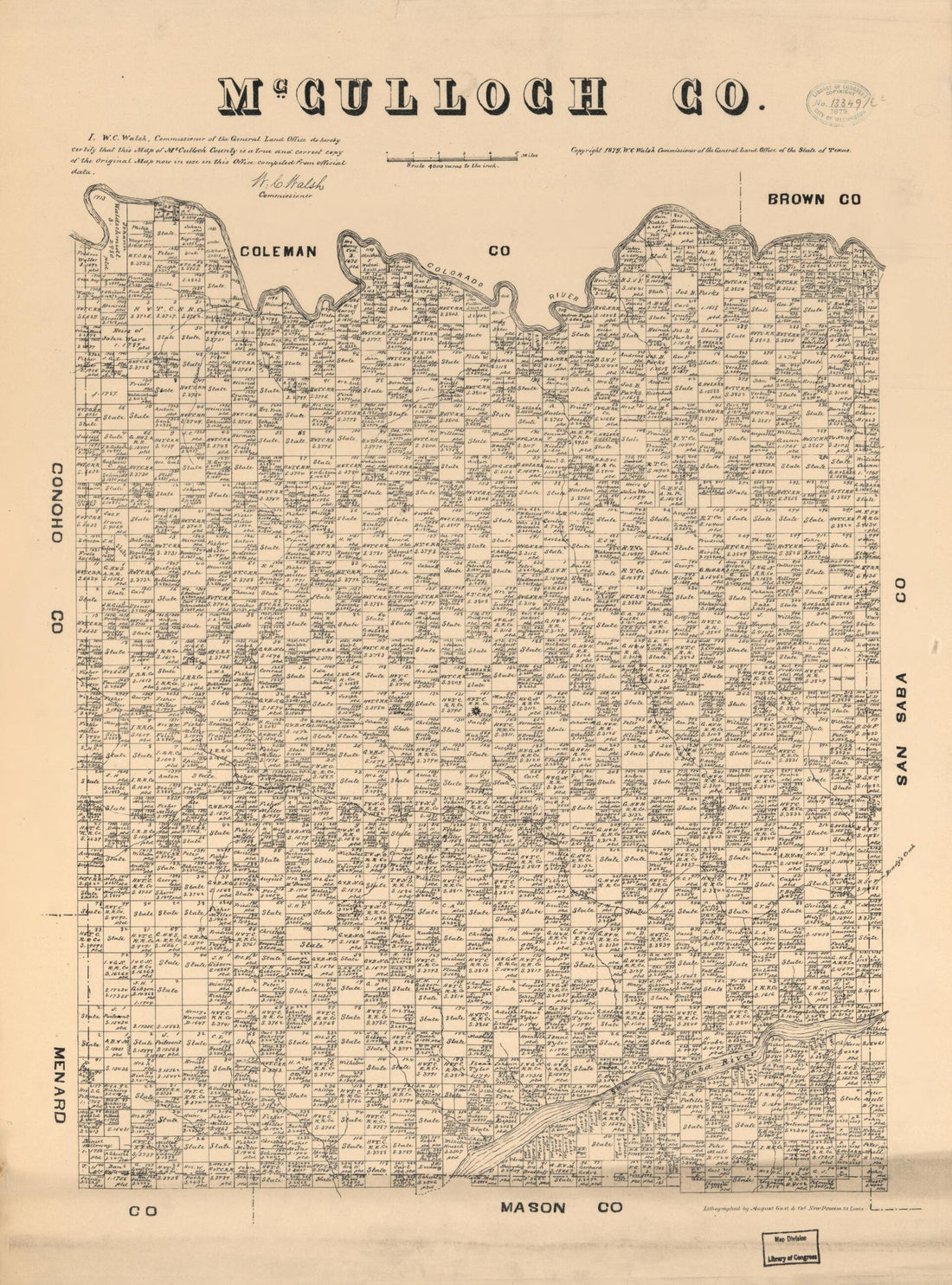 This old map of McCulloch Co., Texas. (McCulloch County, Texas) from 1879 was created by August Gast & Co, Texas. General Land Office, W. C. (William C.) Walsh in 1879