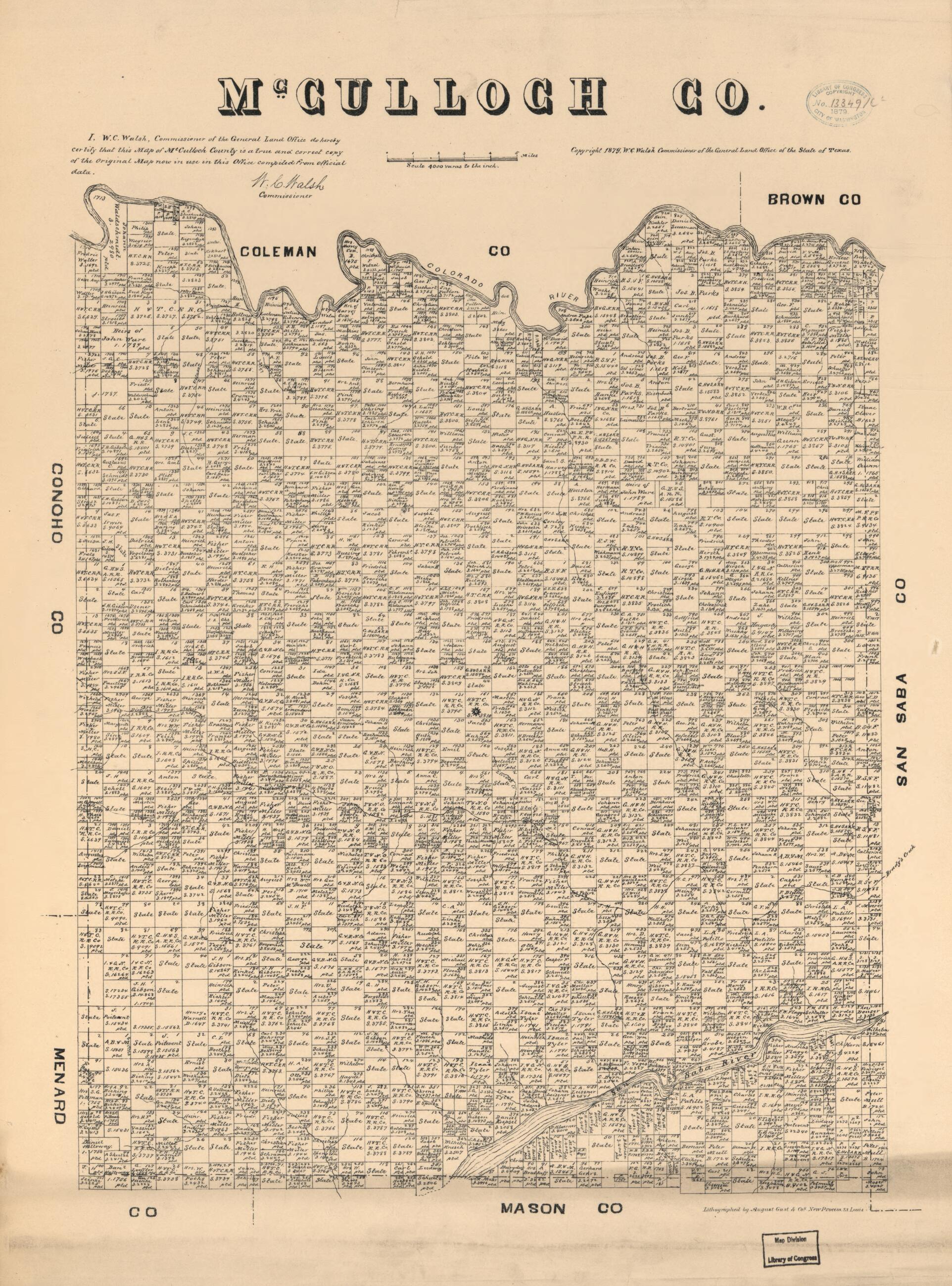 This old map of McCulloch Co., Texas. (McCulloch County, Texas) from 1879 was created by August Gast & Co, Texas. General Land Office, W. C. (William C.) Walsh in 1879