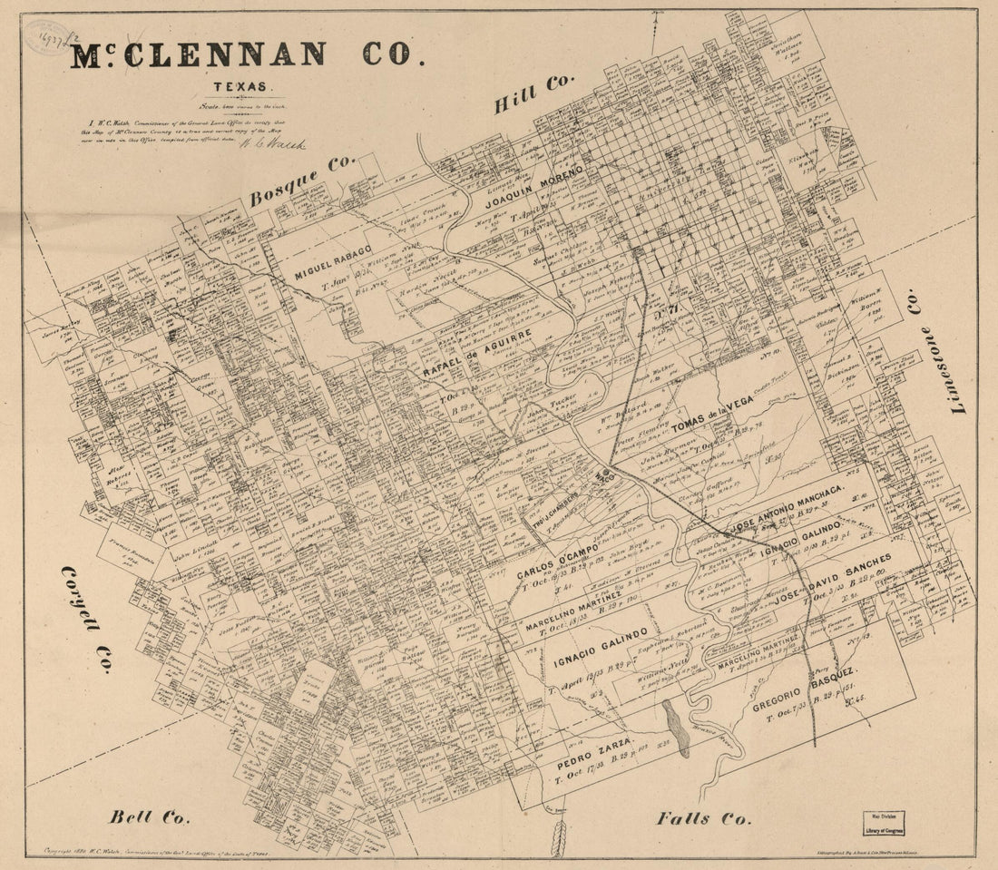 This old map of McClennan sic Co., Texas. (McLennan County, Texas) from 1880 was created by August Gast & Co, Texas. General Land Office, W. C. (William C.) Walsh in 1880