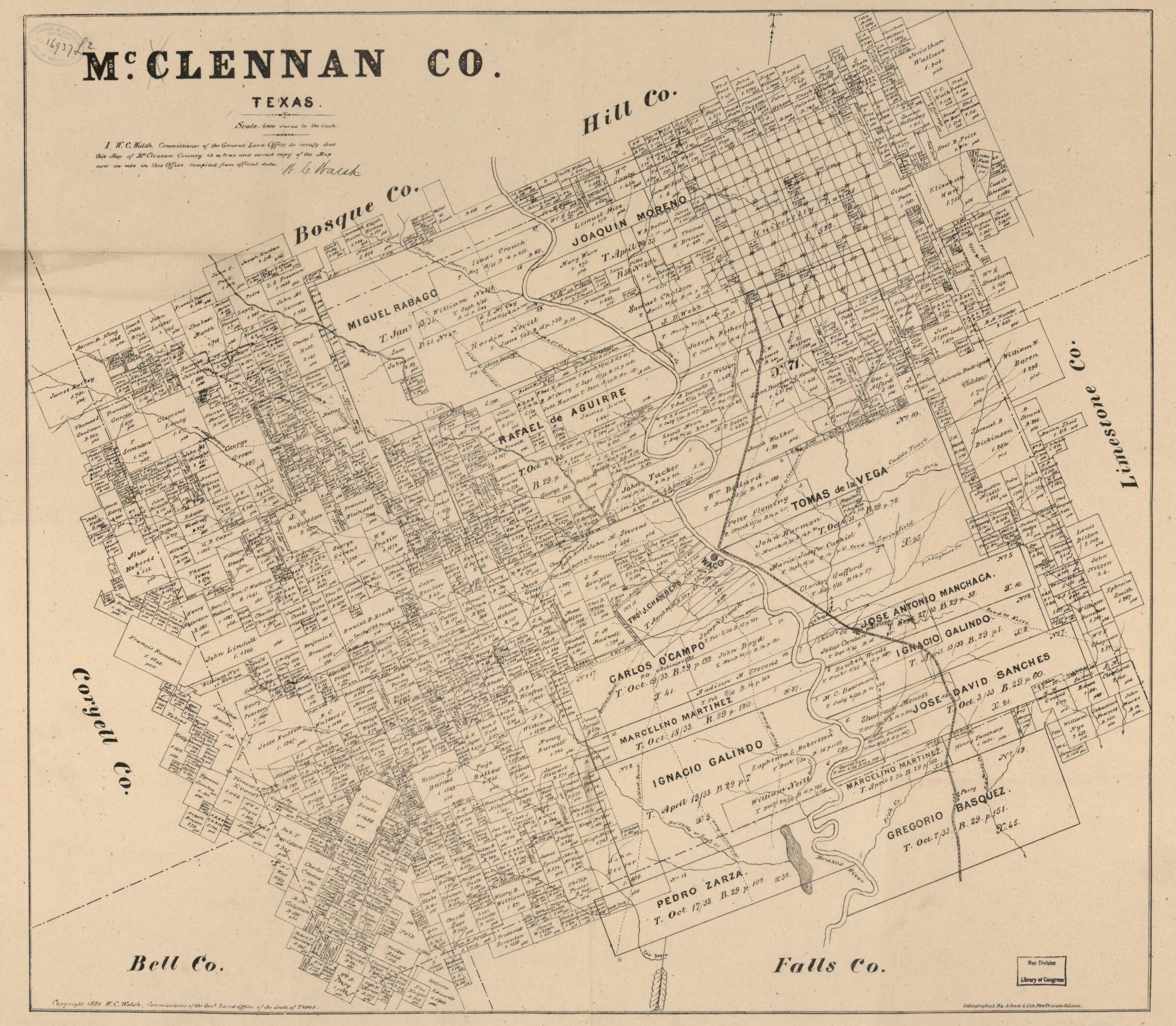 This old map of McClennan sic Co., Texas. (McLennan County, Texas) from 1880 was created by August Gast & Co, Texas. General Land Office, W. C. (William C.) Walsh in 1880