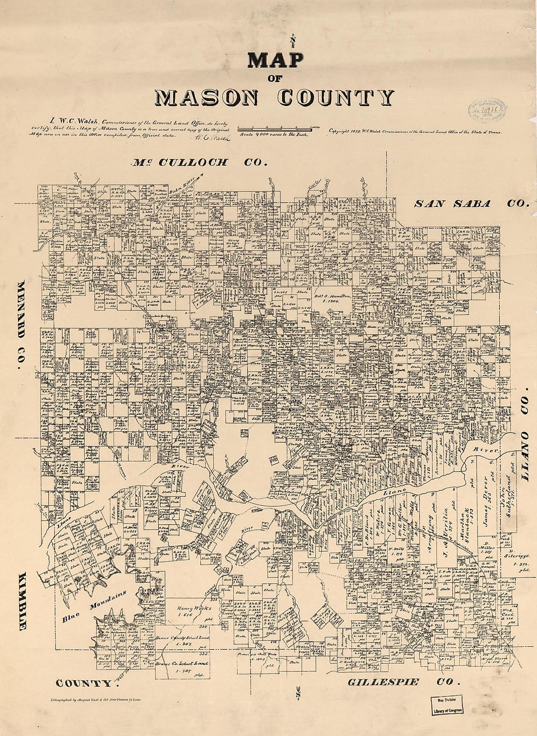 This old map of Map of Mason County from 1879 was created by August Gast & Co, Texas. General Land Office, W. C. (William C.) Walsh in 1879