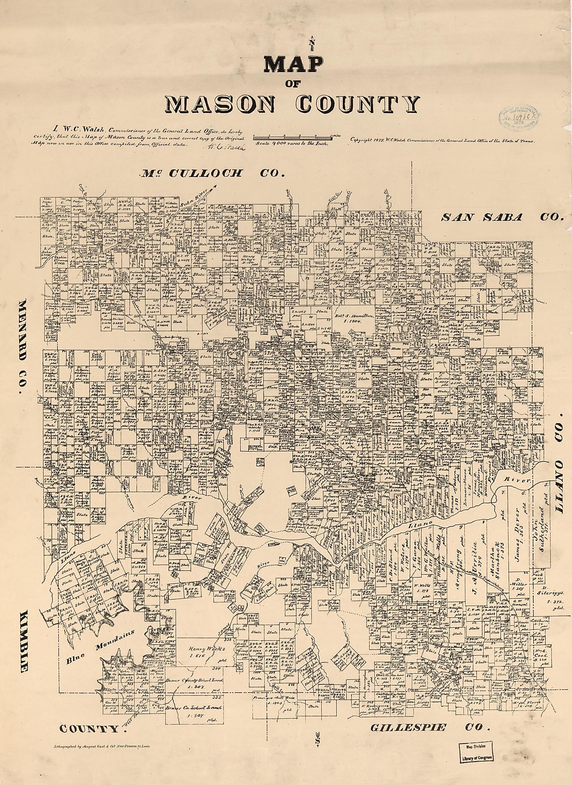 This old map of Map of Mason County from 1879 was created by August Gast & Co, Texas. General Land Office, W. C. (William C.) Walsh in 1879