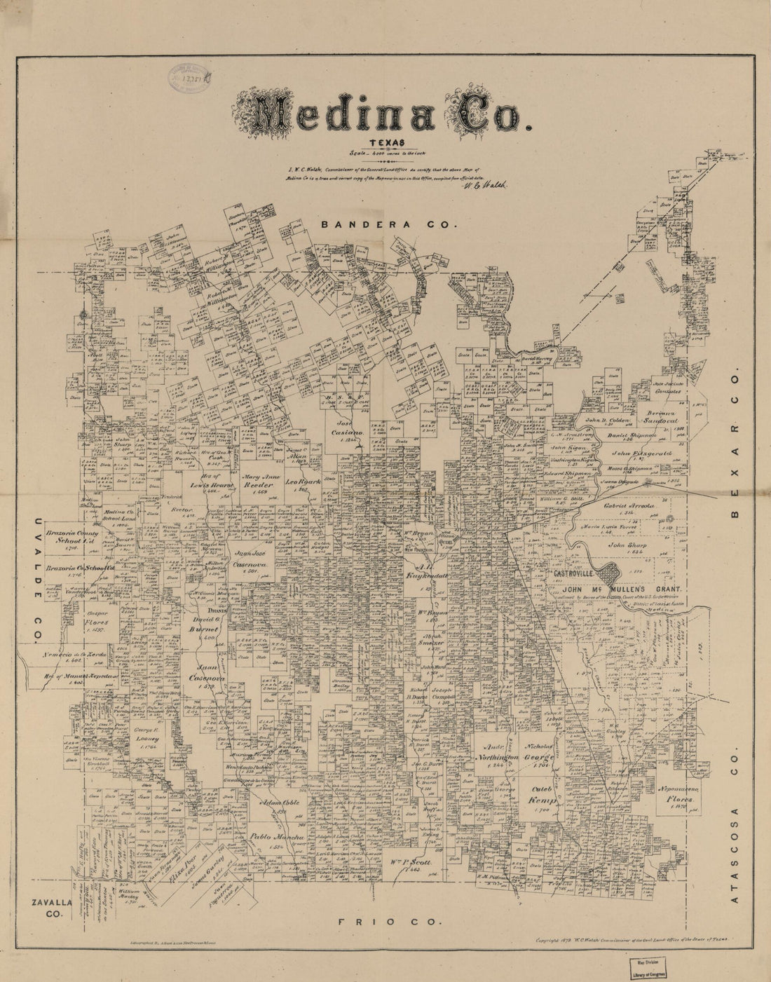 This old map of Medina Co., Texas. (Medina County, Texas) from 1879 was created by August Gast & Co, W. C. (William C.) Walsh in 1879