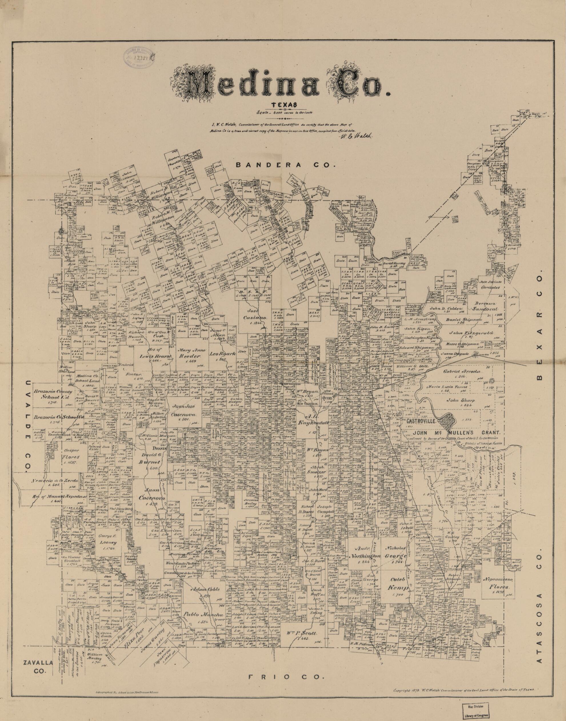 This old map of Medina Co., Texas. (Medina County, Texas) from 1879 was created by August Gast & Co, W. C. (William C.) Walsh in 1879