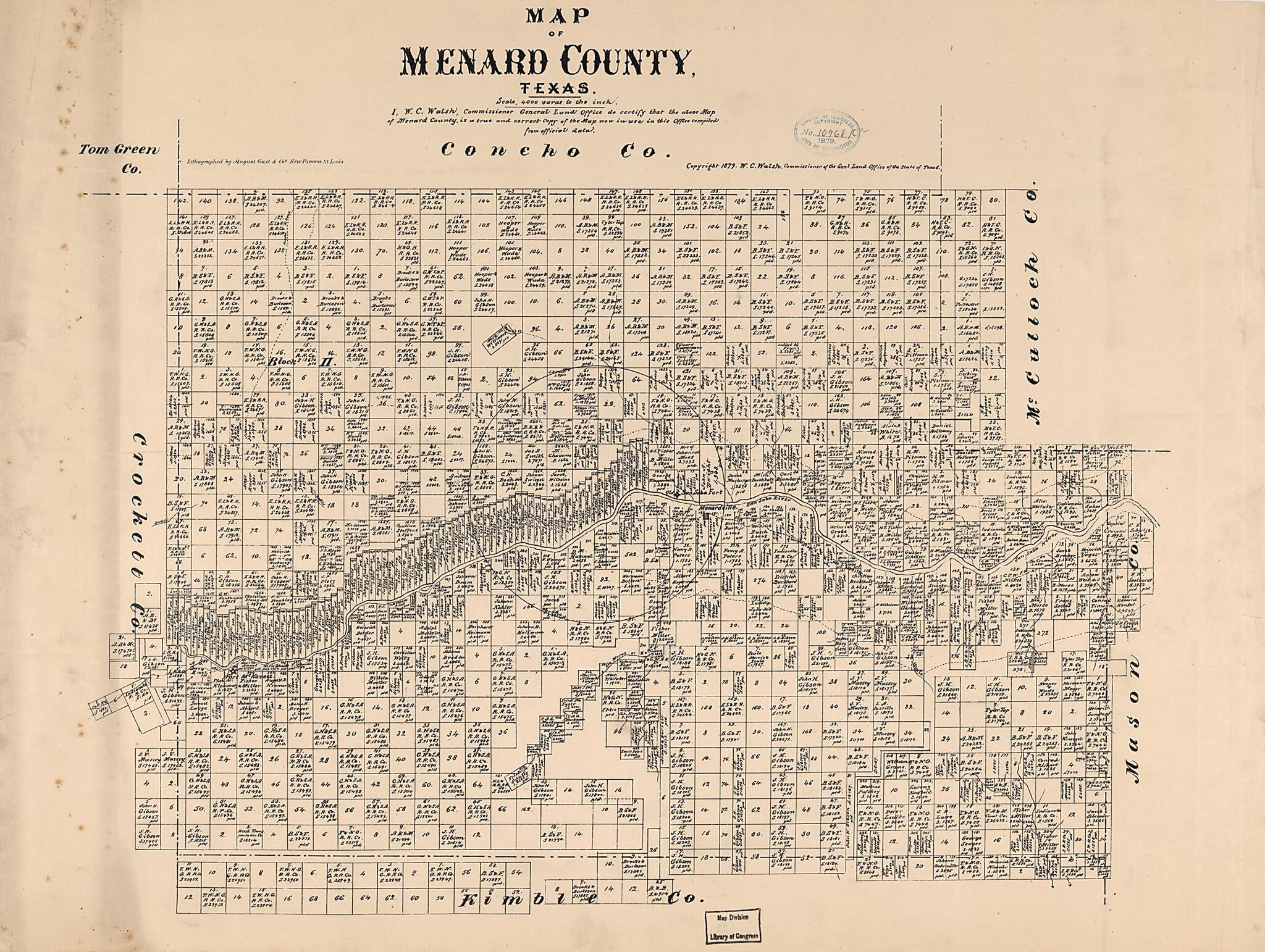 This old map of Map of Menard County, Texas from 1879 was created by August Gast & Co, Texas. General Land Office, W. C. (William C.) Walsh in 1879
