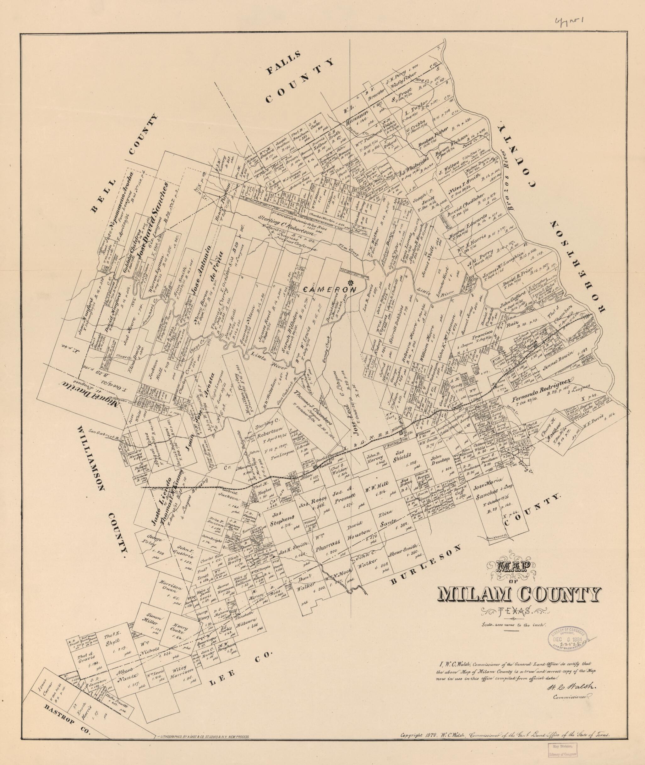This old map of Map of Milam County, Texas from 1879 was created by August Gast & Co, Texas. General Land Office, W. C. (William C.) Walsh in 1879