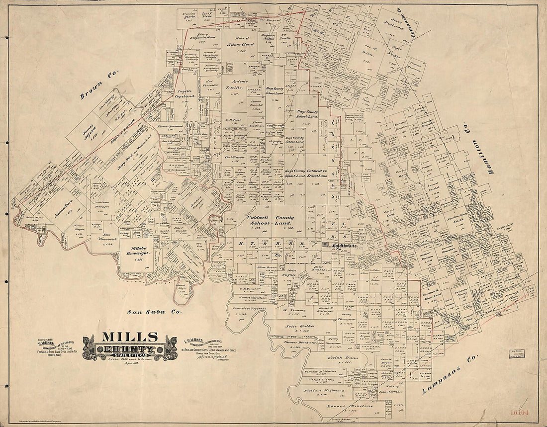 This old map of Mills County, State of Texas from 1888 was created by August Gast & Co, R. M. Hall, Texas. General Land Office in 1888