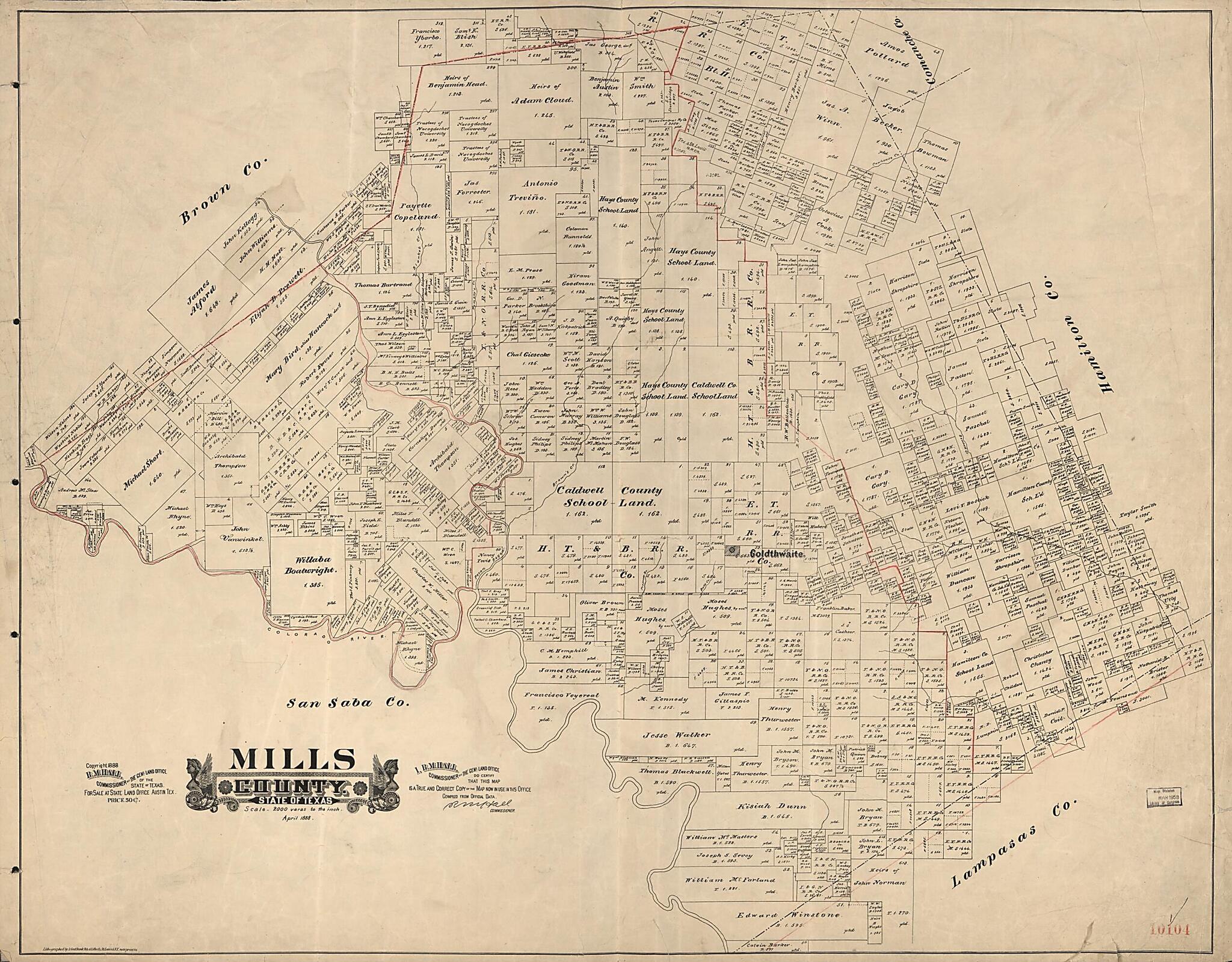 This old map of Mills County, State of Texas from 1888 was created by August Gast & Co, R. M. Hall, Texas. General Land Office in 1888