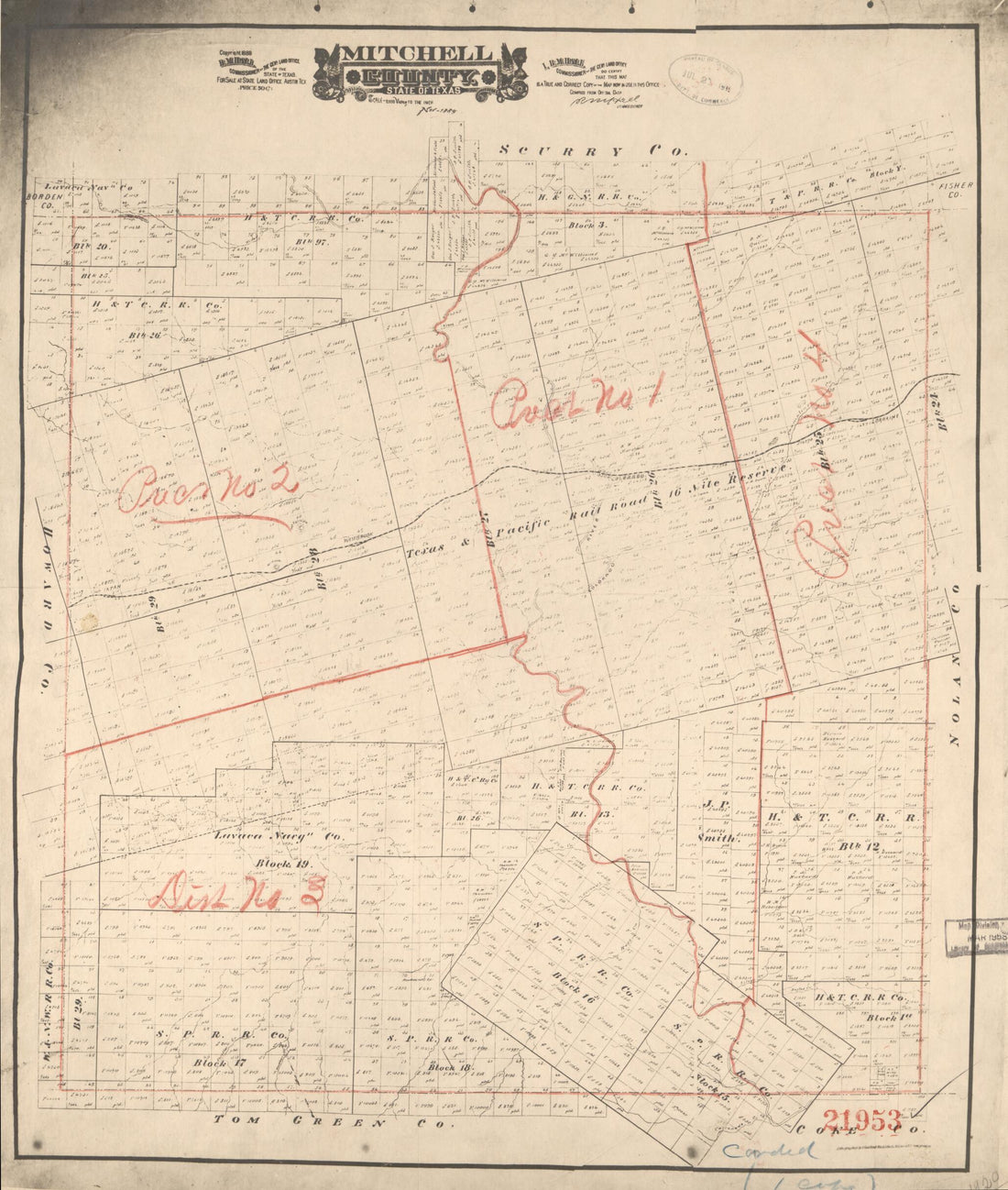 This old map of Mitchell County, State of Texas from 1889 was created by August Gast & Co, R. M. Hall, Texas. General Land Office in 1889