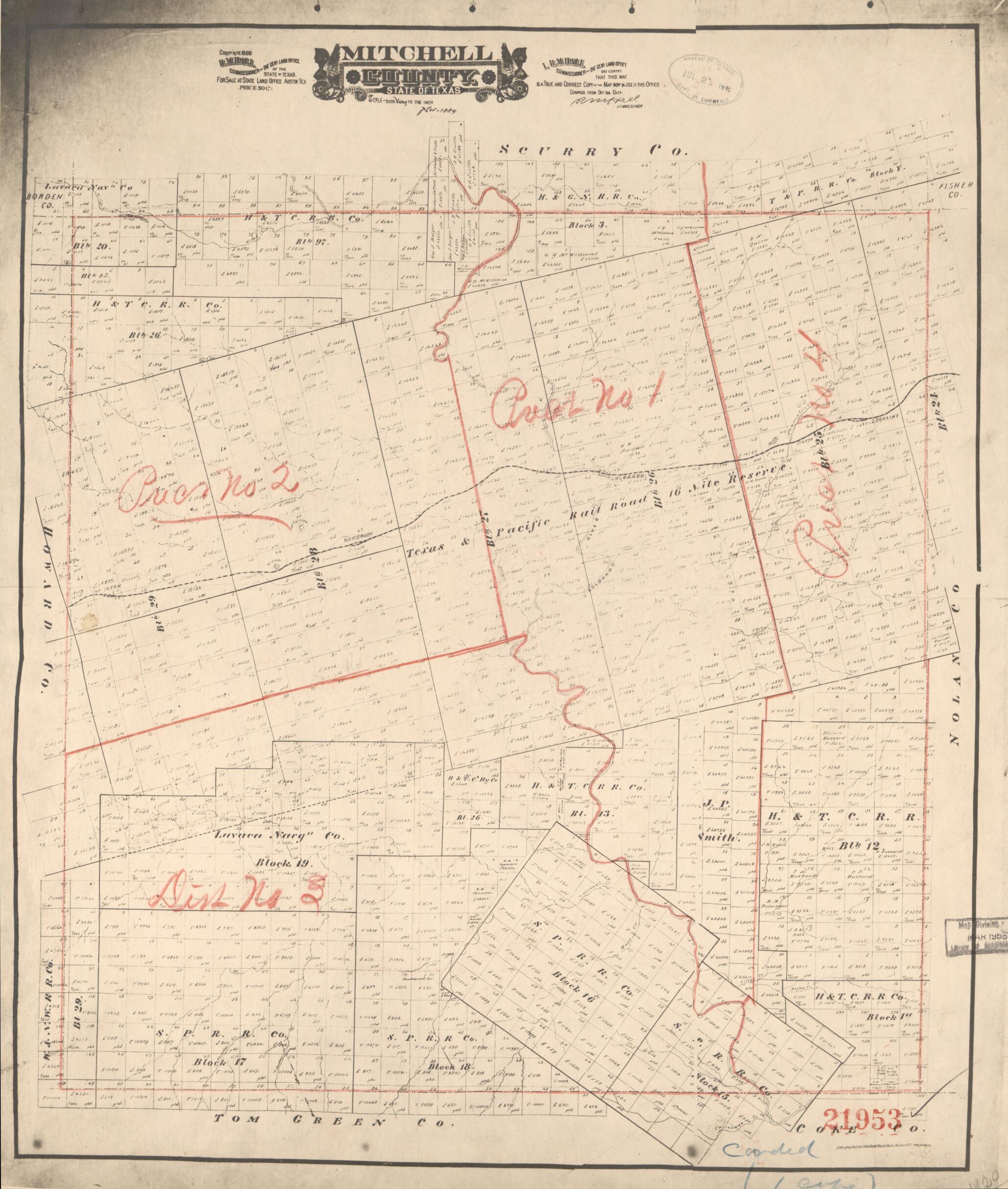 This old map of Mitchell County, State of Texas from 1889 was created by August Gast & Co, R. M. Hall, Texas. General Land Office in 1889
