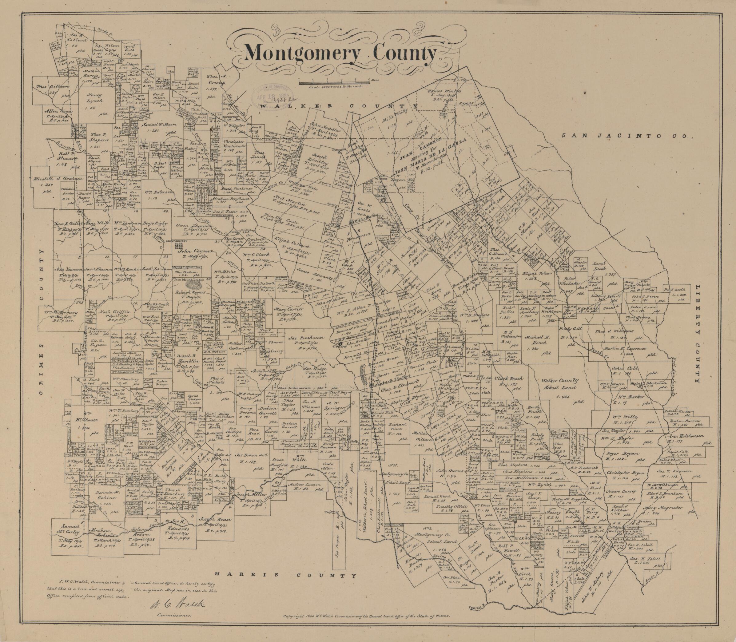This old map of Montgomery County from 1880 was created by August Gast & Co, Texas. General Land Office, W. C. (William C.) Walsh in 1880