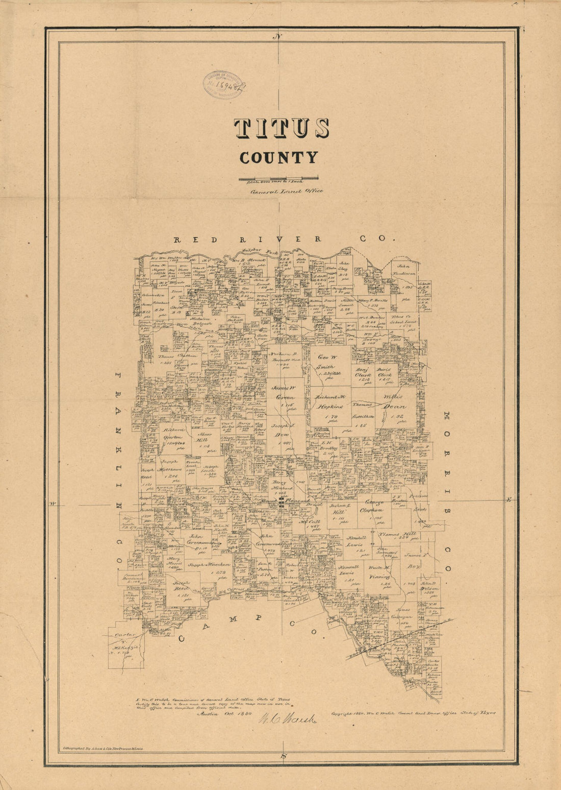 This old map of Titus County, Texas from 1880 was created by August Gast & Co, Texas. General Land Office, W. C. (William C.) Walsh in 1880