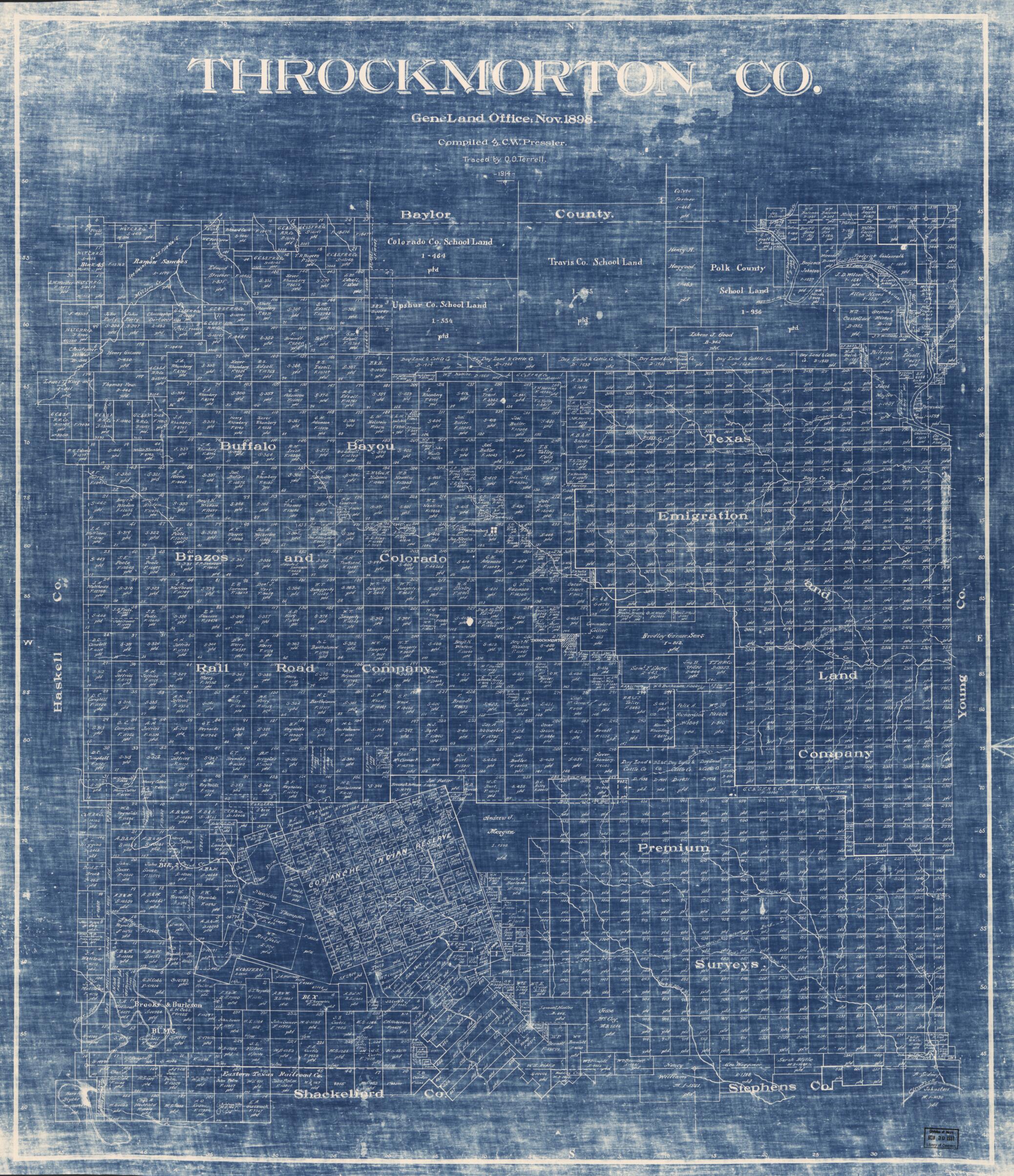 This old map of Throckmorton Co. (Throckmorton County) from 1898 was created by Chas. W. Pressler, Texas. General Land Office in 1898