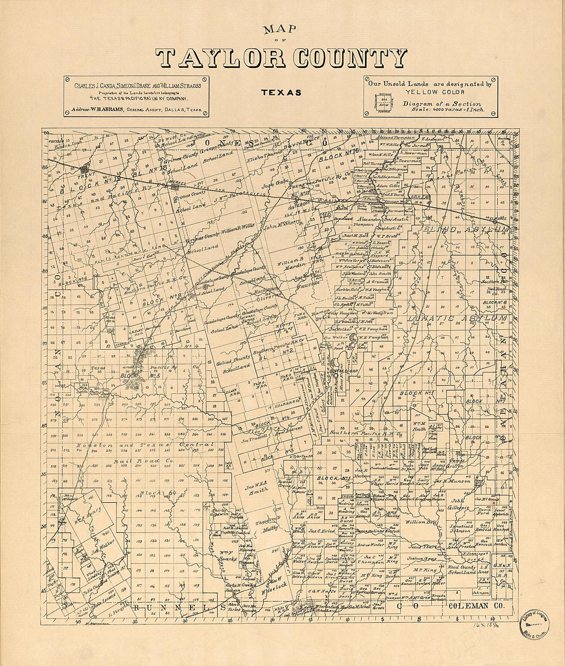 This old map of Map of Taylor County, Texas from 1890 was created by Texas & Pacific Railway in 1890