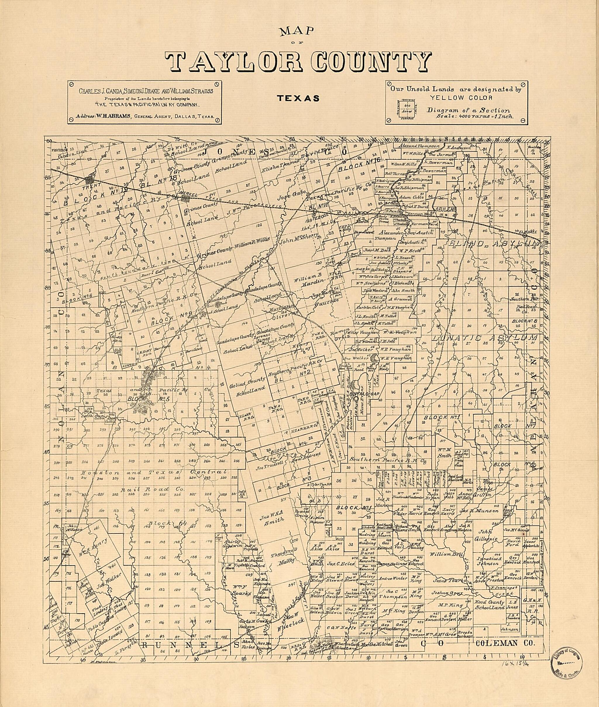 This old map of Map of Taylor County, Texas from 1890 was created by Texas & Pacific Railway in 1890