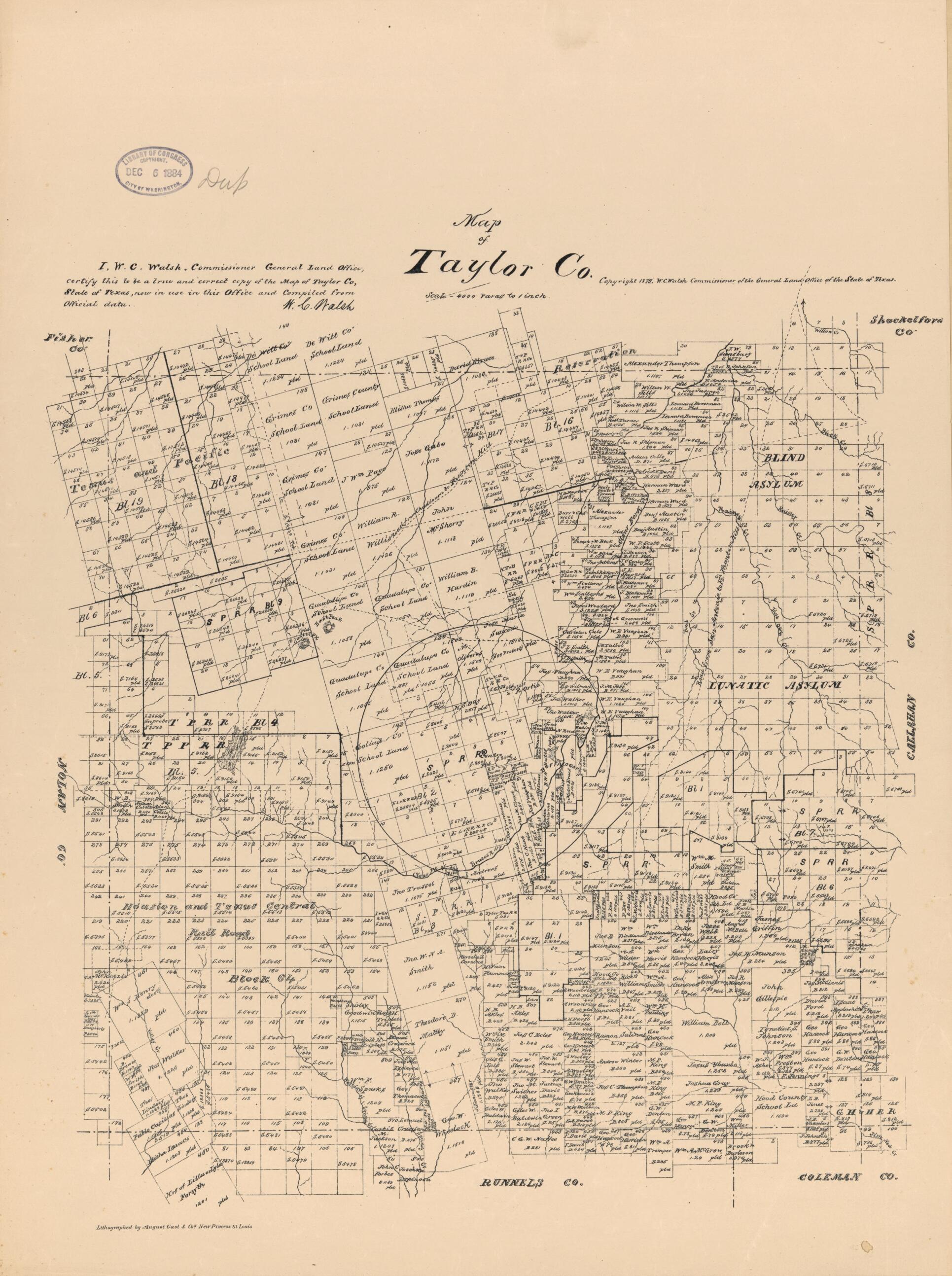 This old map of Map of Taylor Co., Texas. (Maps of Taylor County, Texas) from 1879 was created by August Gast & Co, Texas. General Land Office, W. C. (William C.) Walsh in 1879