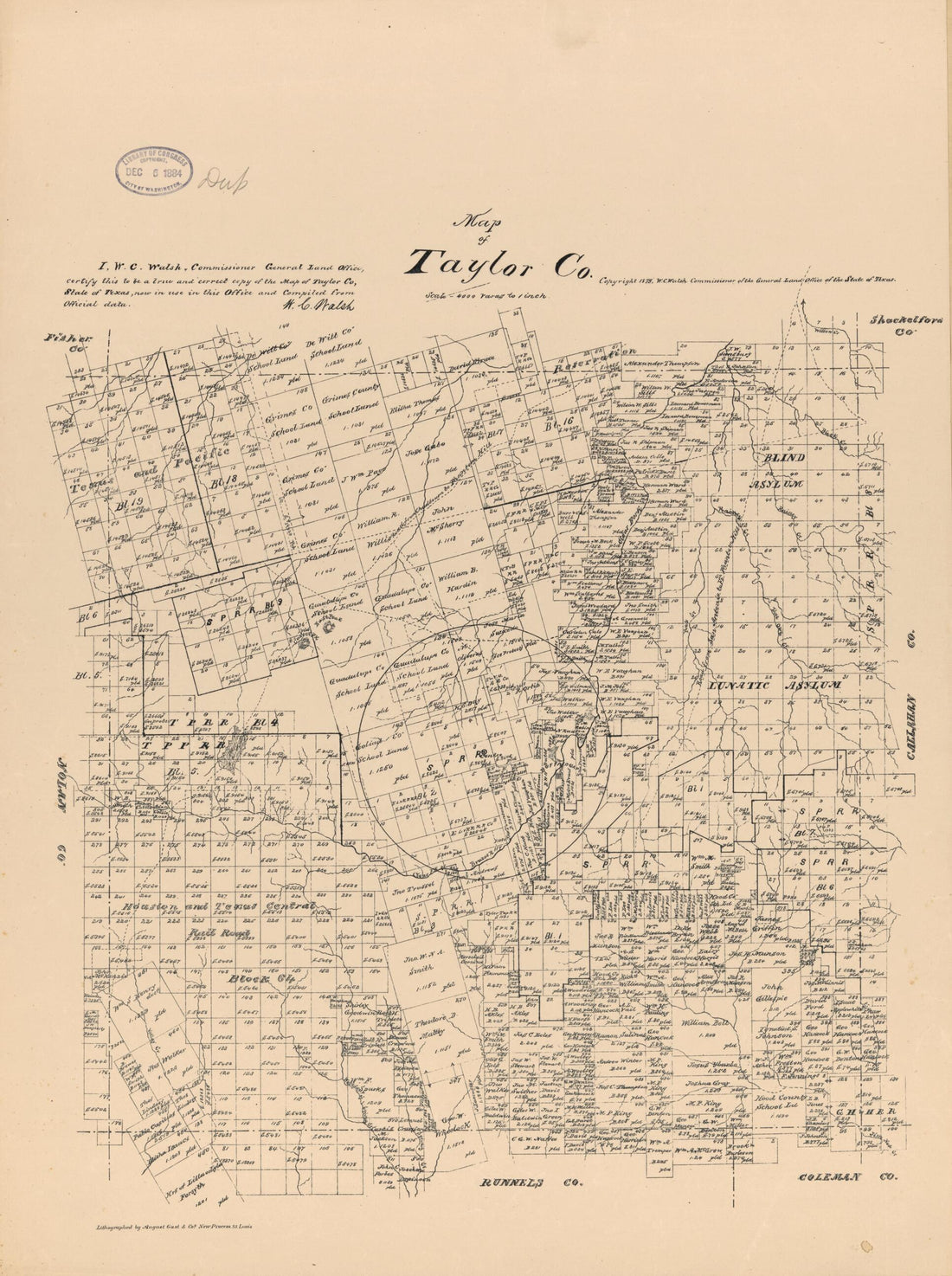 This old map of Map of Taylor Co., Texas. (Maps of Taylor County, Texas) from 1879 was created by August Gast & Co, Texas. General Land Office, W. C. (William C.) Walsh in 1879
