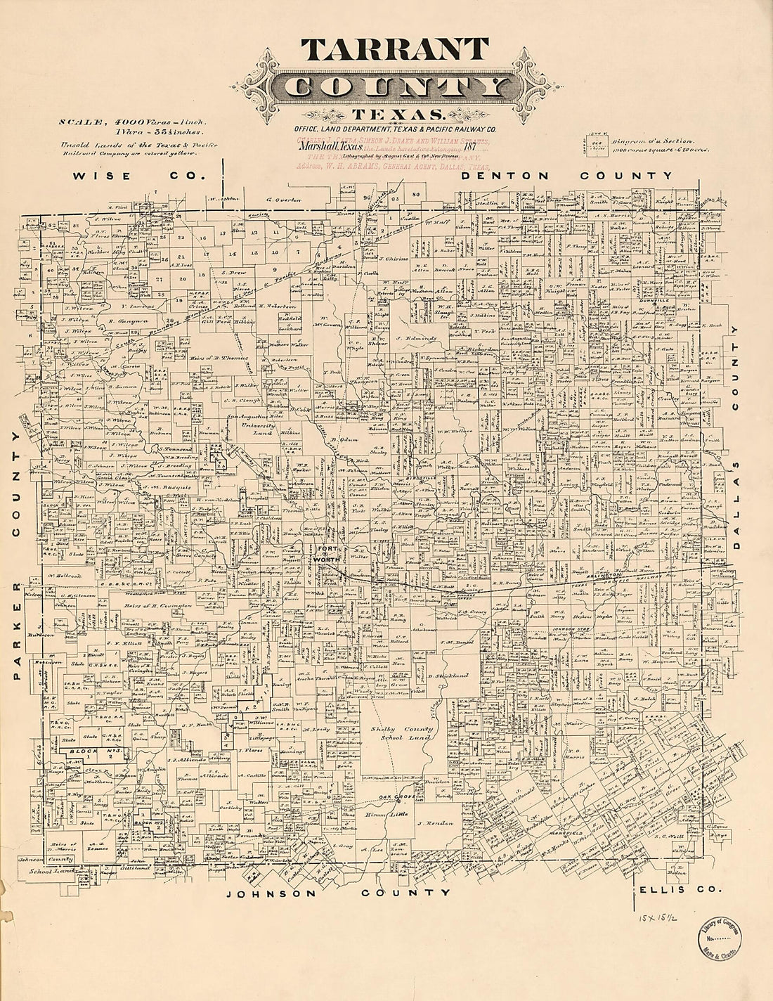 This old map of Tarrant County, Texas from 1870 was created by August Gast & Co, Texas & Pacific Railway in 1870